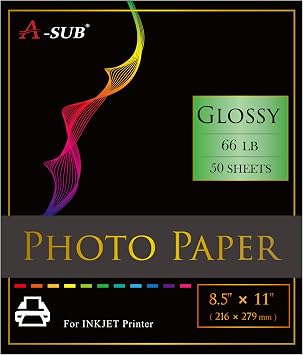 A-SUB Premium Photo Paper High Glossy 8.5x11 Inch 66lb for Inkjet Printers 50 Sheets,Single Sided