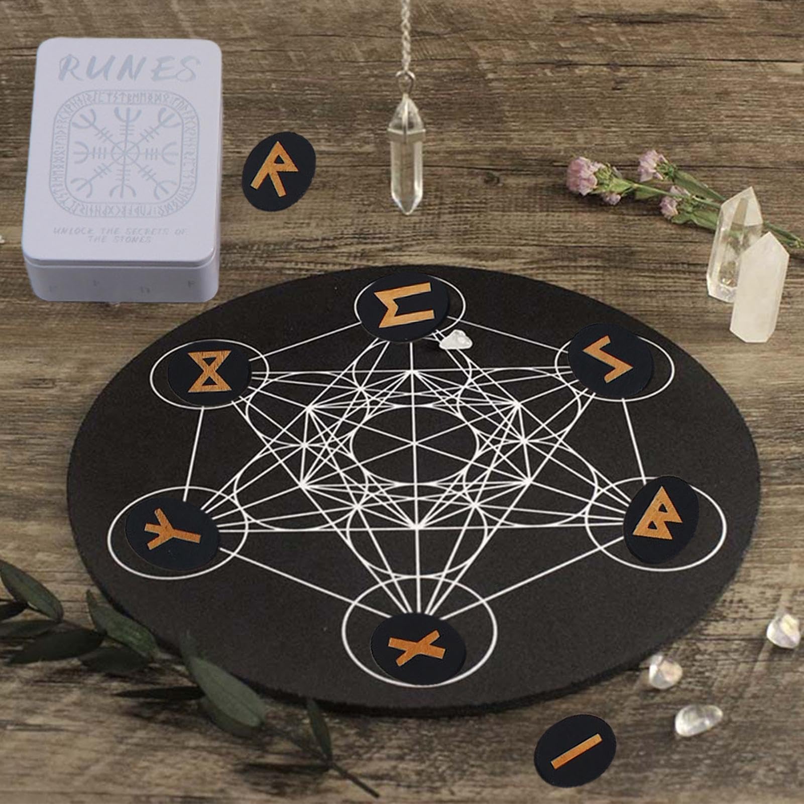 Set di rune in legno, con manuale e custodia, per meditazione, spirituale, intrattenimento, decorazione per la casa