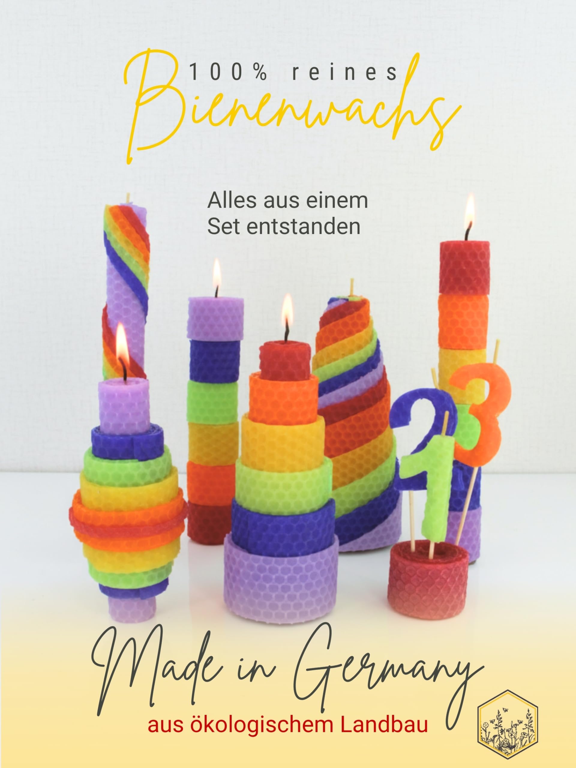 Wachsmann Kerzen Bastelset „Rainbow“, 100% Bienenwachs aus Deutschland – 18 farbige Wachsplatten (20 x 15 cm) mit Hanfdochten – Kerzen selber machen Set für Kinder & Erwachsene, DIY Bienenwachskerzen