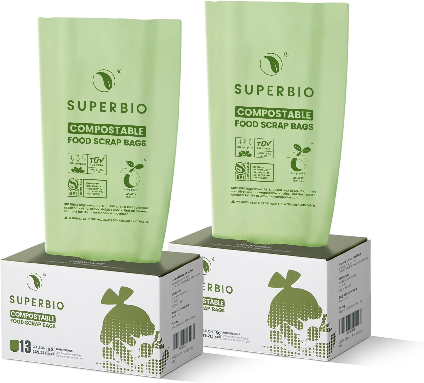 SUPERBIO 13 Gallon Flat Top Compostable Food Waste Bags, 50 Count, 2 Pack, 49.2L, 0.87 Mil, ASTM D6400 BPI and OK compost INDUSTRIAL