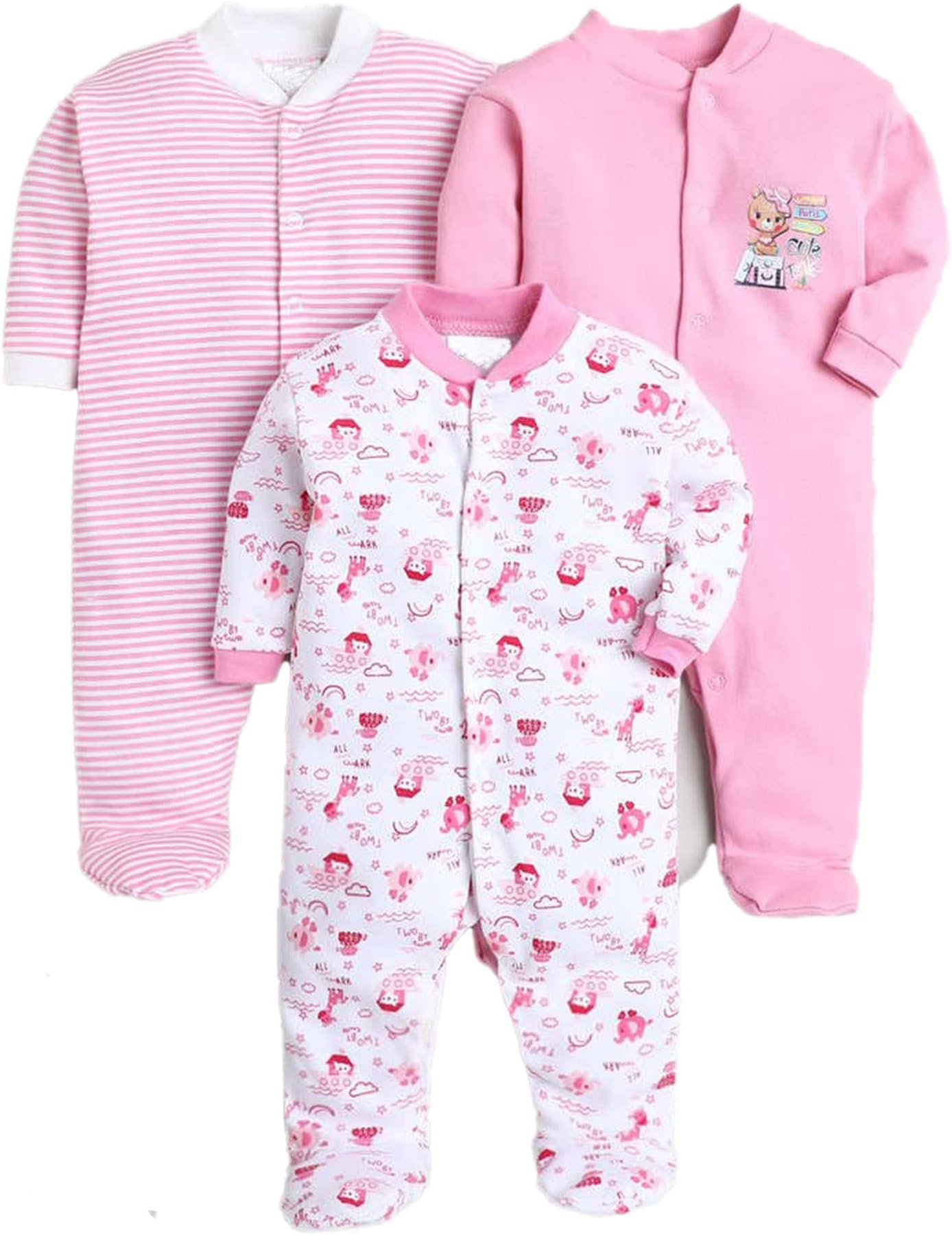 EIO100% Cotton Baby Rompers Sleepsuits Jumpsuits Night Suits for Newborn Baby Boys & Girls | Soft Infant Bodysuit | Pack of 3 Kids Rompers