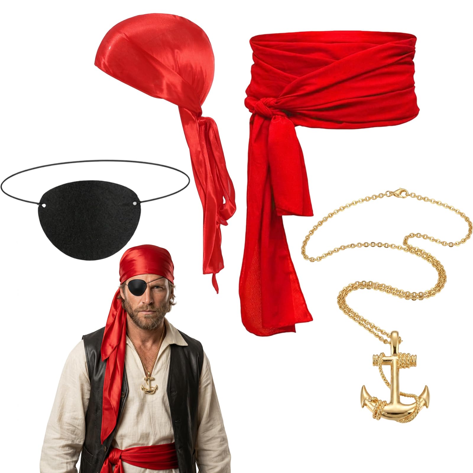 Ywikfag Pirate Accessories Set, Red Pirate Bandana and Costume Accessories, Themed Party Dress Up for Halloween and Cosplay Events, Adjustable Belt and Eye Patch with Necklace