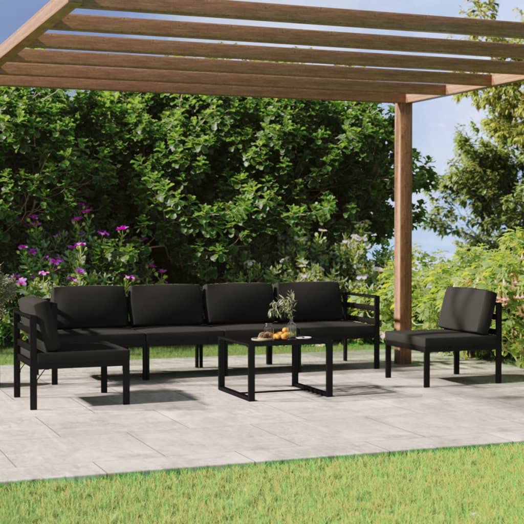 Juego de 7 muebles modulares de jardín de aluminio en antracita con cojines para asiento y respaldo, resistente a la intemperie y robusto, soporta hasta 110 kg por asiento