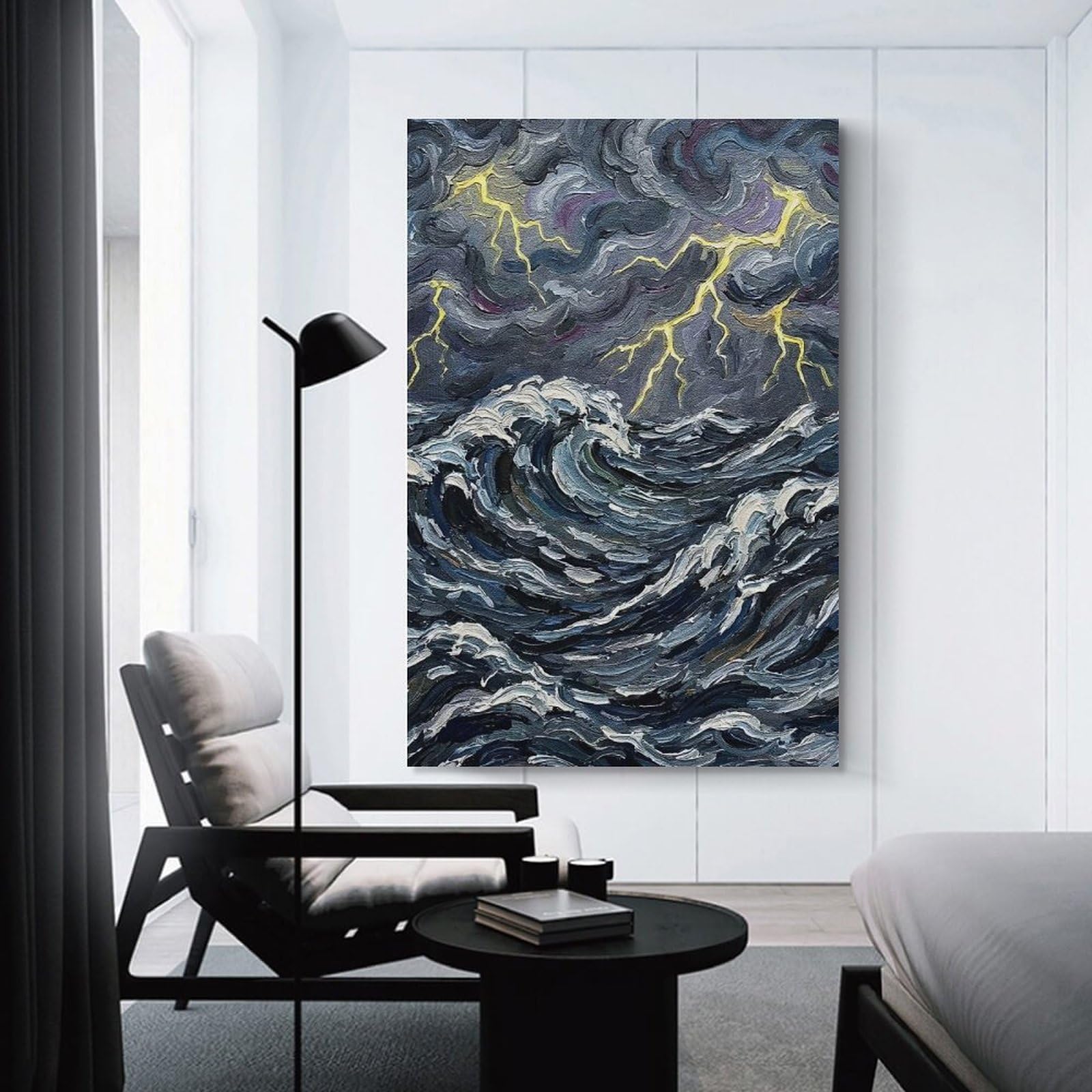 Junmoney Wall Decor Canvas Print Stormy Sea Painting with Lightning, 24x36inch(60x90cm), for Bedroom Walls, Guest Spaces Or Lounges, Decorative Wall Art for Cosy Rooms