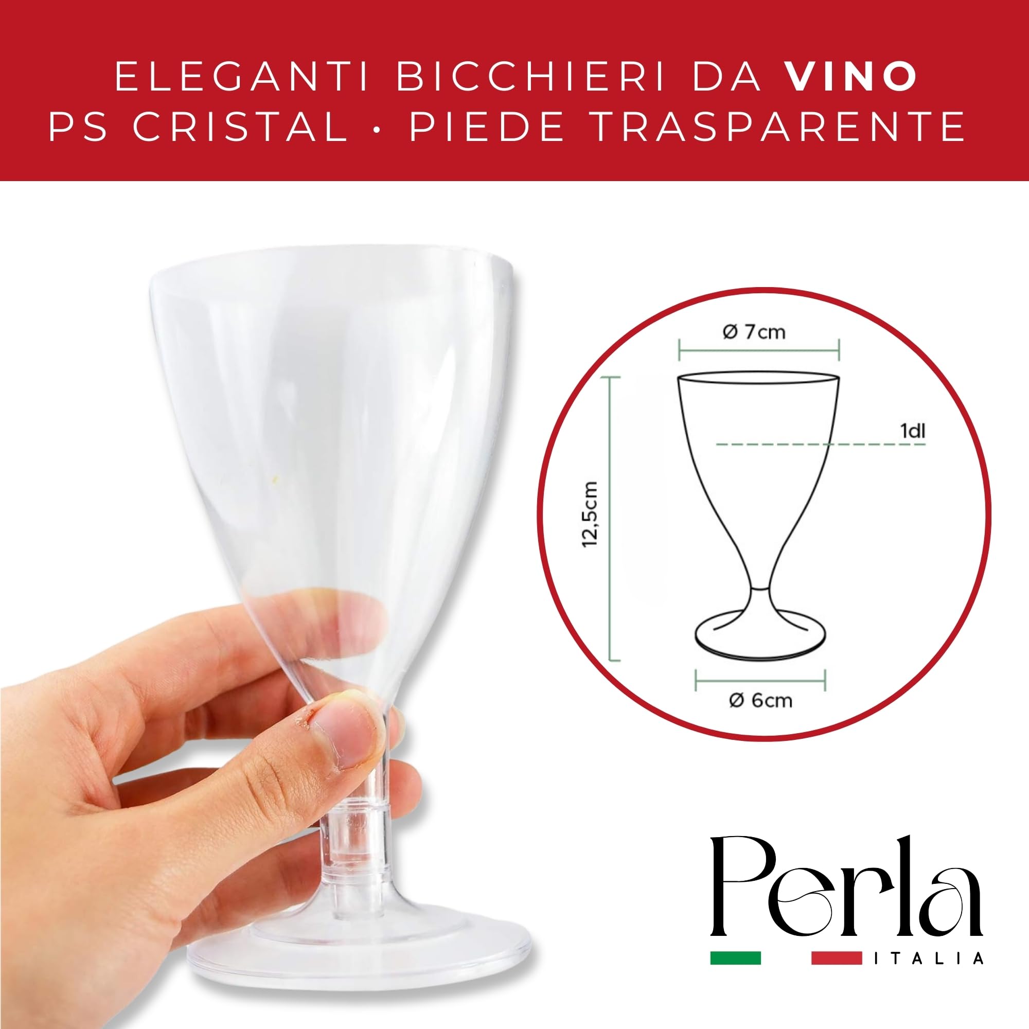 Perla - 48 Calici da Vino in Plastica Rigida Trasparente180ml - Bicchieri Resistenti e Riutilizzabili - Bicchiere Calice Vino per Compleanni - Matrimoni e Feste