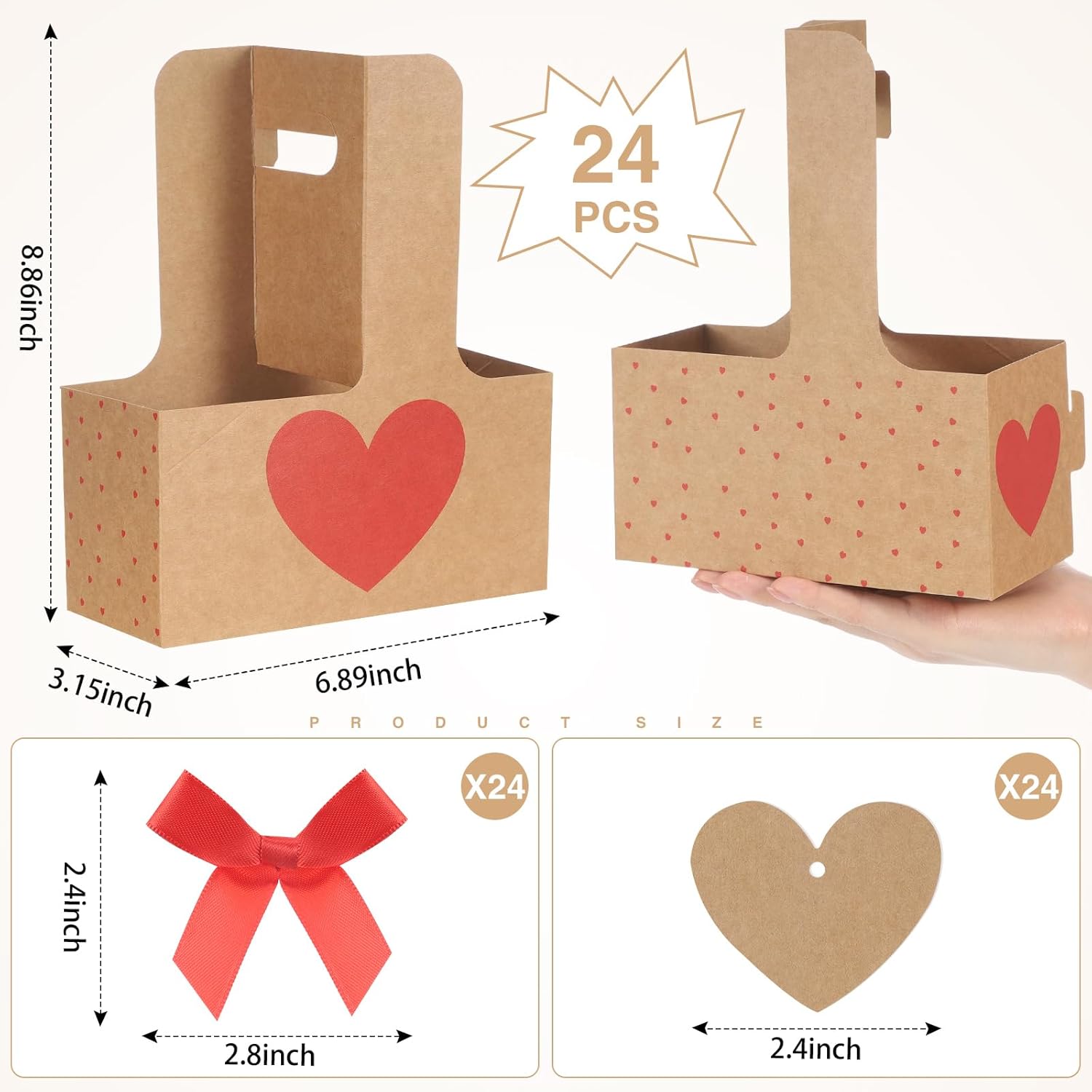 Tinlade 2 Cup Heart Disposable Drink Carrier with Handle Mother's Day Cup Holders Carrier Heart Wrap for Mother Day's Wedding Gift Drinks Coffee Food Delivery(24 Pack,Natural) - Image 2