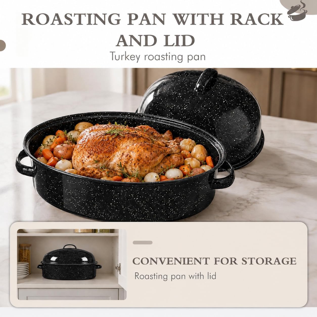 Enamel Turkey Roasting Pan with Lid & Rack 18-Inch Granite Black