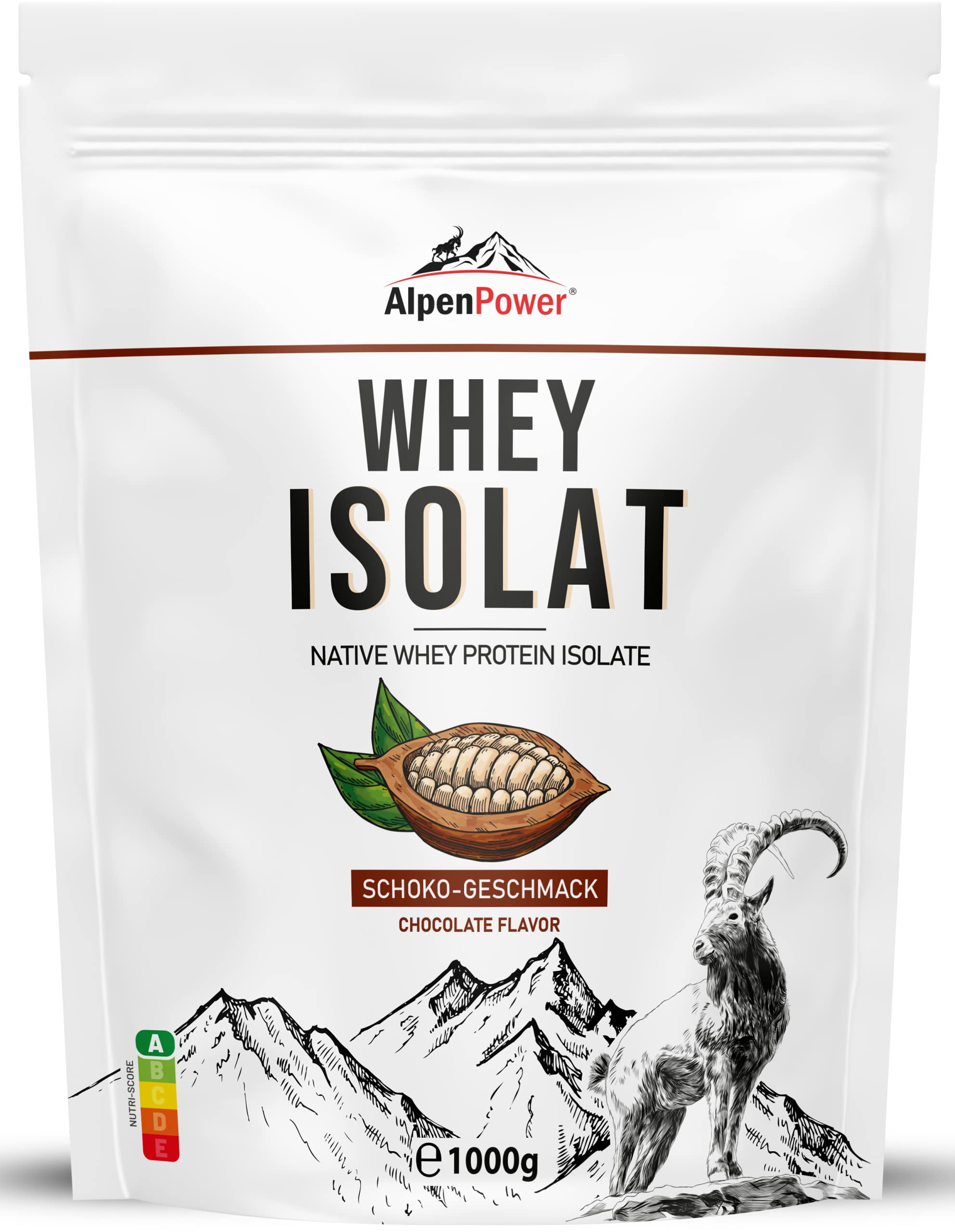 AlpenPower Whey Isolat białko w proszku czekoladowym 1 kg – 100% naturalne składniki, bez substancji słodzących – karmienie trawą – wysokiej jakości białko w proszku z najlepszego mleka alpejskiego