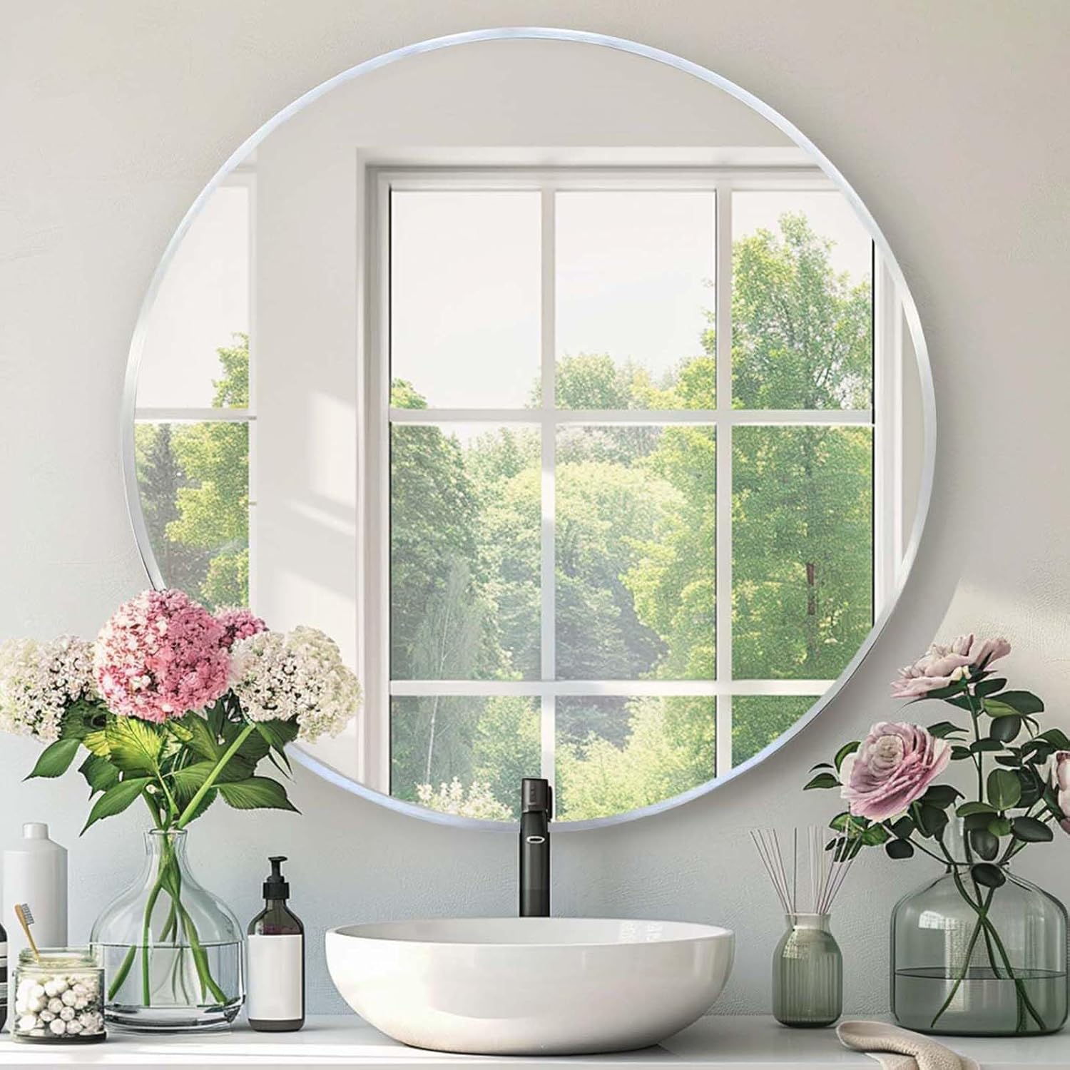 Round Silver Mirror, 30 Inch Circle Silver Mirror, Metal Frame Round Wall Mounted Mirrors for Bathroom, Living Room, Bedroom, Entryway, Vanity, Chrome, Nickel