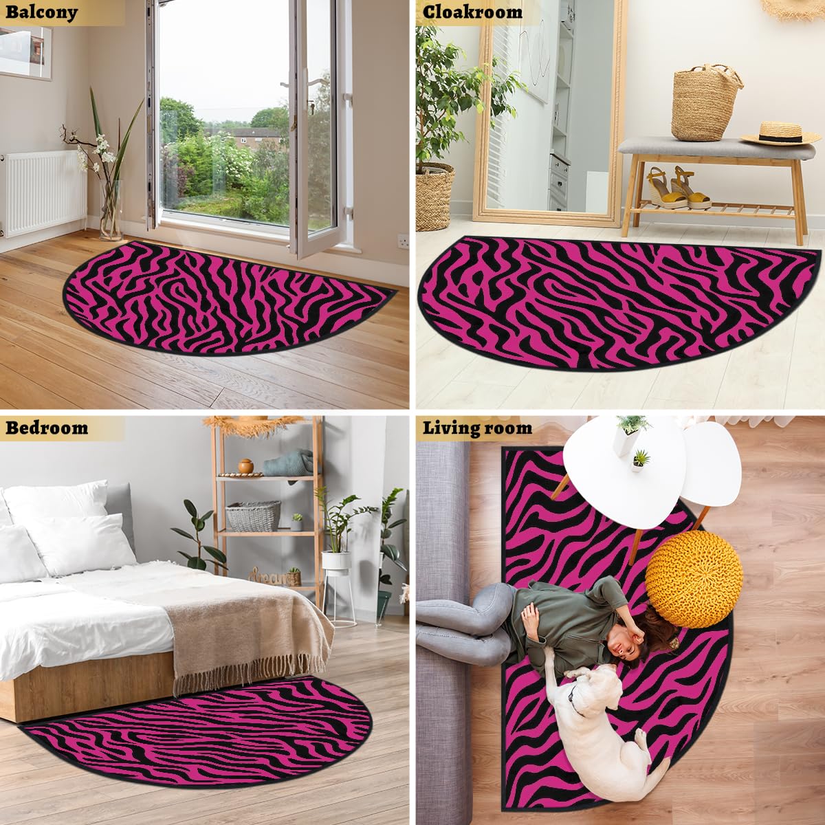 Mexpekil Paillasson demi-lune pour intérieur et extérieur - Motif imprimé zèbre - Demi cercle - Absorbant la saleté - Rose vif - 100 x 160 cm