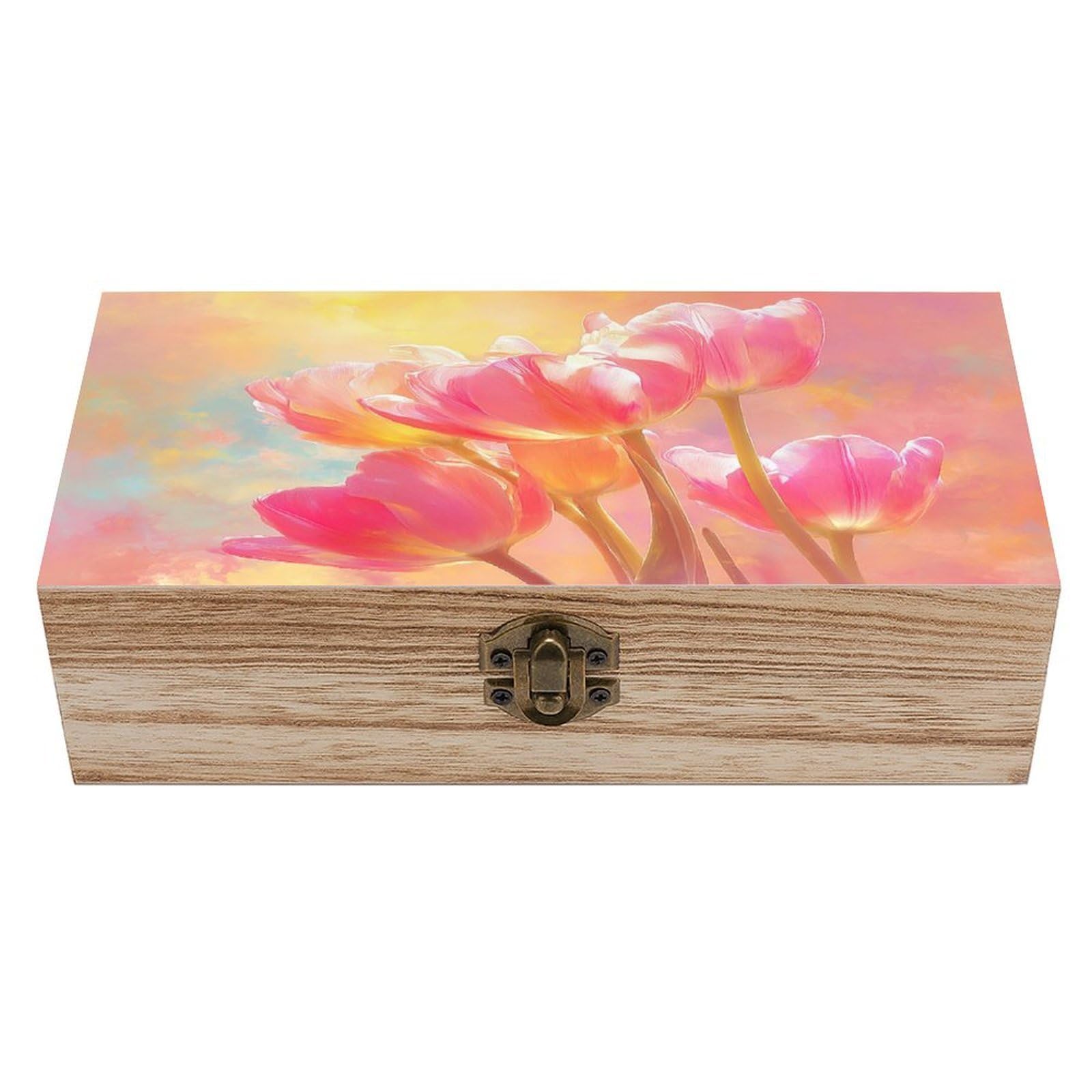 asbwuo Pink Tulips Wooden Storage Box with Hinged Lid