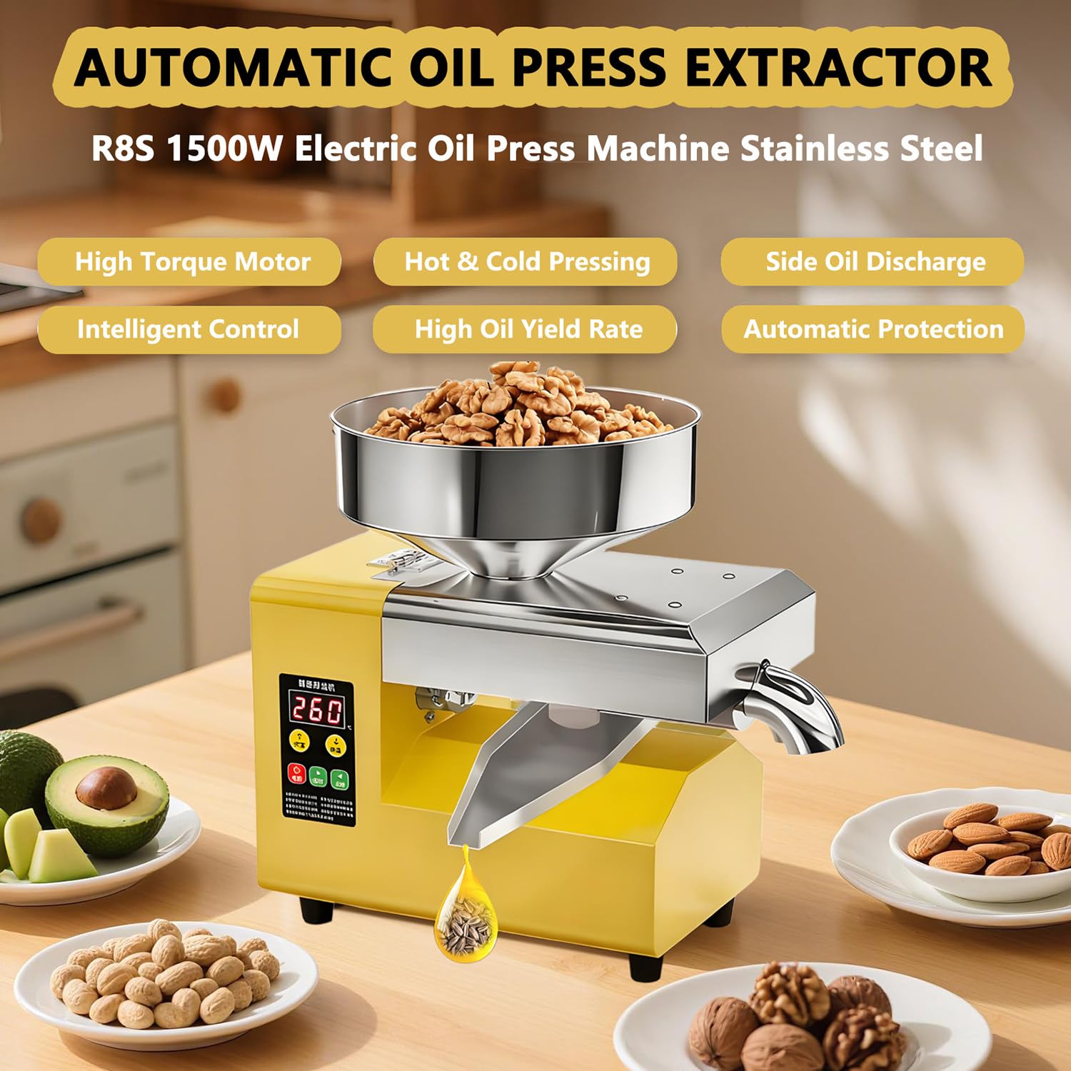 R8S Frantoio a Olio Elettrico Automatico 1500W in Acciaio Inox | Spremi Olive per Olio a Freddo e a Caldo | Macchina per Olio da Semi e Noci | Torchio per Casa e Uso Professionale