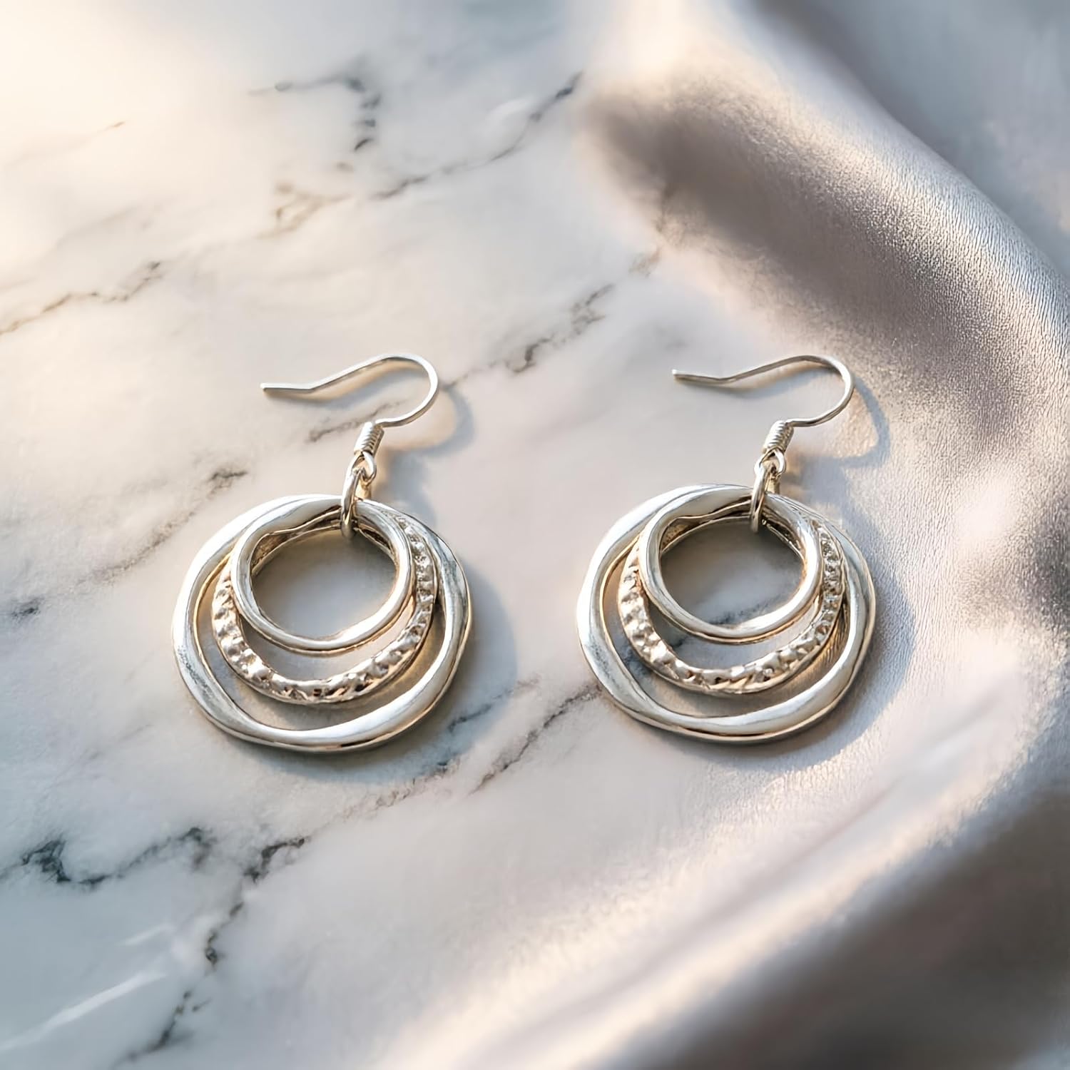 Necklace and Earrings Set for Women - Triple Interlocking Circle Pendant Necklace Dangle Earrings, Hammered Geometric Dainty Jewelry Set, Anniversary Birthday Gift, Gold Silver Two Tone image 3