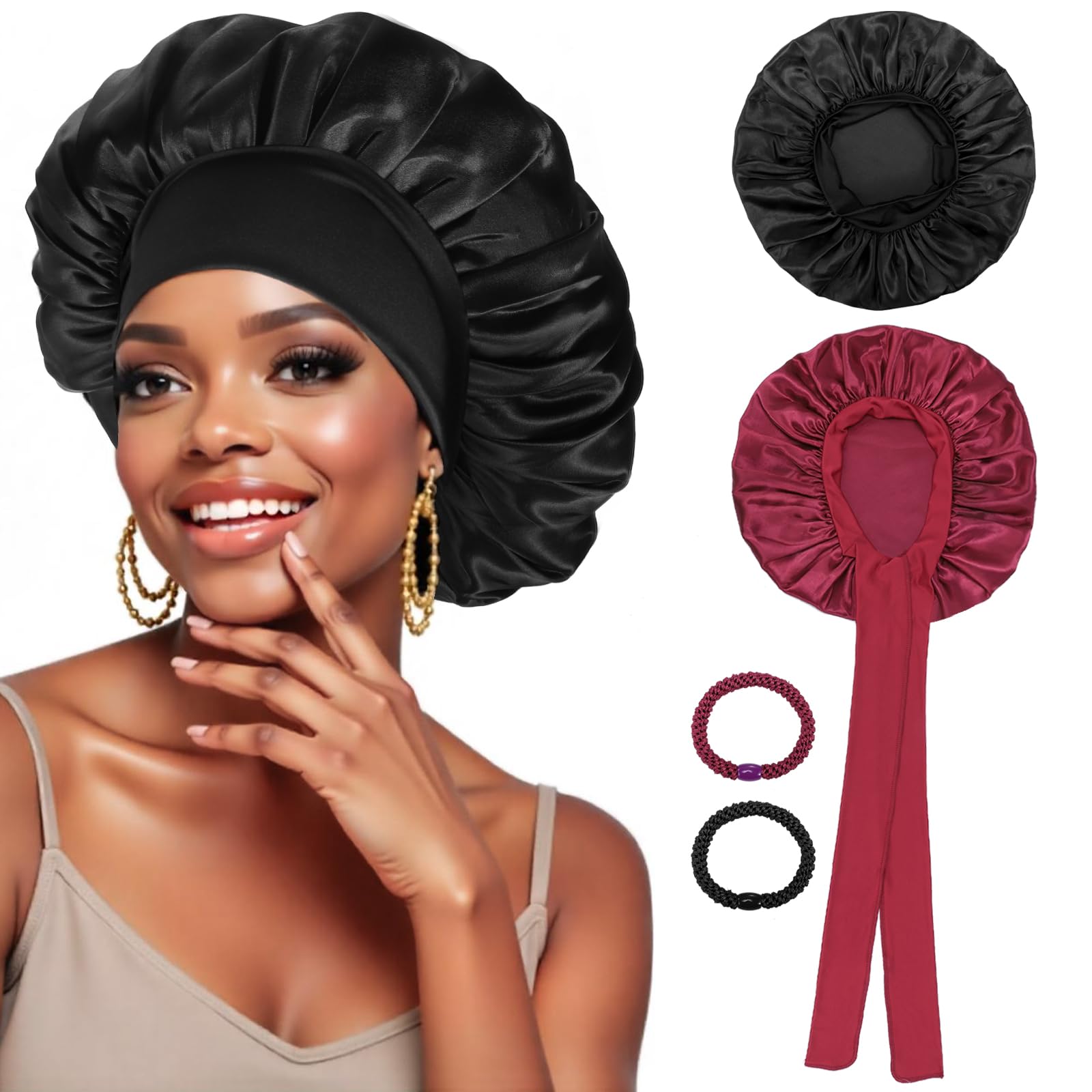 PAEFIU 2 Stück Seidenhaube zum Schlafen, Weiche Satin Schlafhaube Seide mit 2 Haargummis Atmungsaktive Satin Haarhaube Schlafmütze für Lange Kurze Lockige Haare (Schwarz, Weinrot)