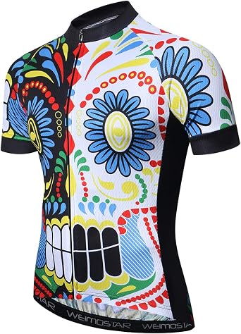 Mens Cycling Jersey Skull Team Bike Short Sleeve Quick-Dry,Reflective,3-Pockets Tops