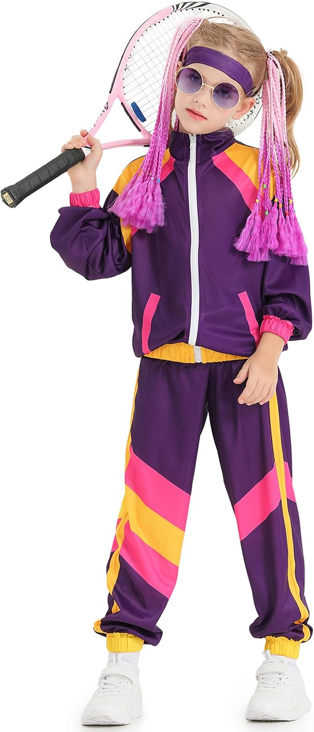 Kids 80s Retro Tracksuit Costume Outfit Jacket Pants Headband Set Vintage Dance Party Performance Wear Unisex
