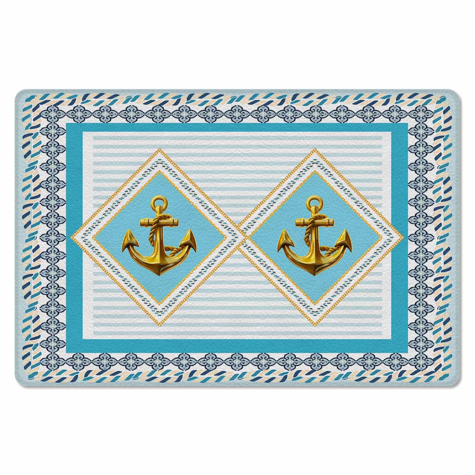 Gold Nautical Anchor Antifatigue Kitchen Bath Door Mat Cushioned Runner Rug,Washable Welcome Floor Sink Mat,Waterproof & Non-Slip Kitchen Standing Doormat,Summer Beach Coastal Geometric Stripe 20