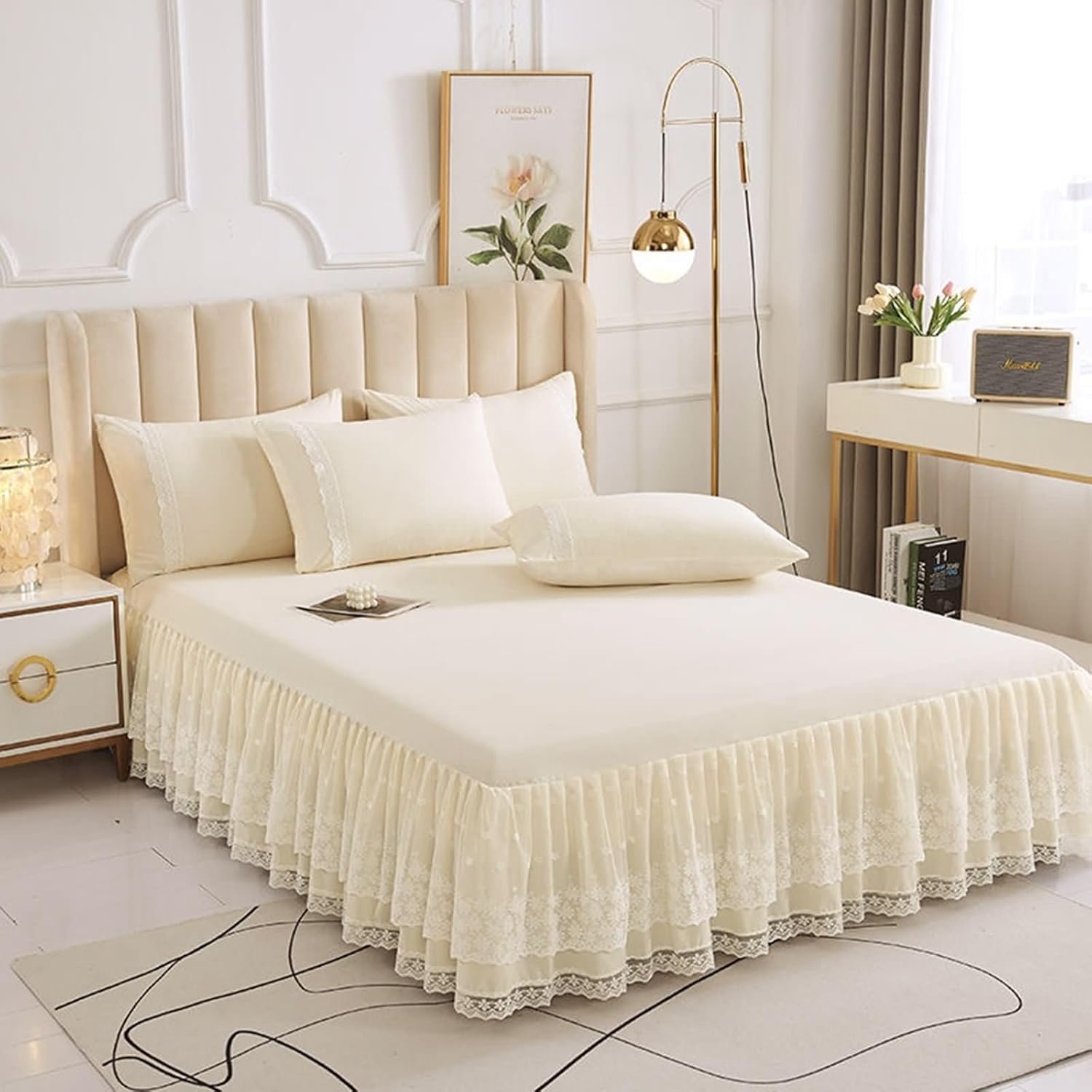 Bed Skirts Twin Size Microfiber, Beige Solid Color Bottom Sheets Lace Ruffled Soft 47"x79" Bedskirt