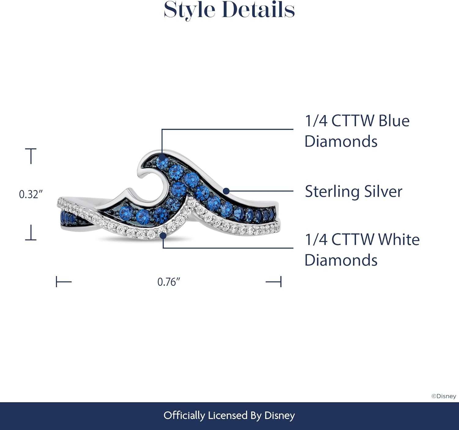 Jewelili Enchanted Disney Fine Jewelry Moana Wave Ring for Women | Sterling Silver | 1/4 CTTW Treated Blue & Natural White Round Diamonds | Disney Princess Inspired Gifts for Her