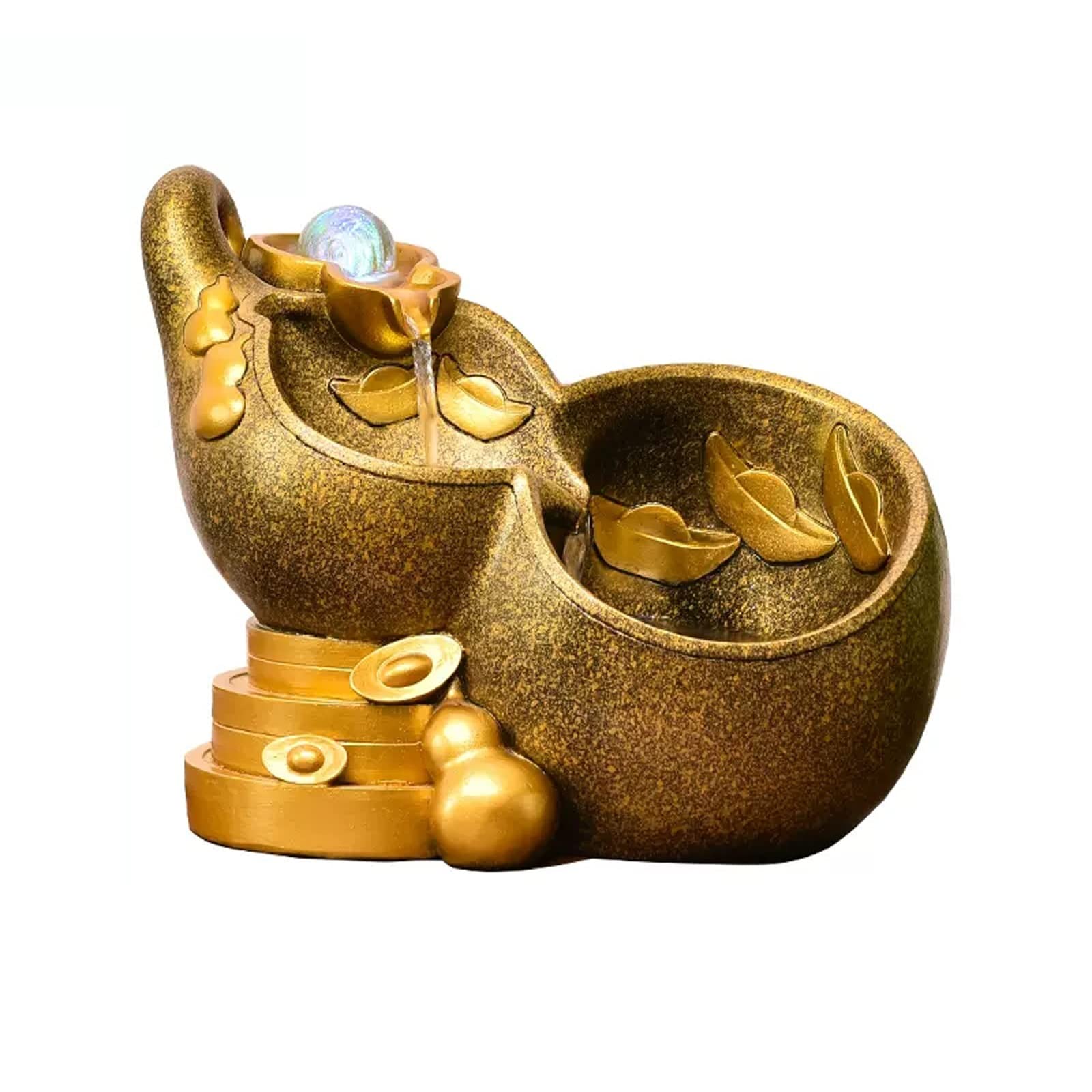 Easy Install Indoor Fountain Tabletop Resin Golden Gourd Mini Waterfall Fountains Water Feature Feng Shui Zen Meditation Desktop with Rolling Ball for Home Office Decor