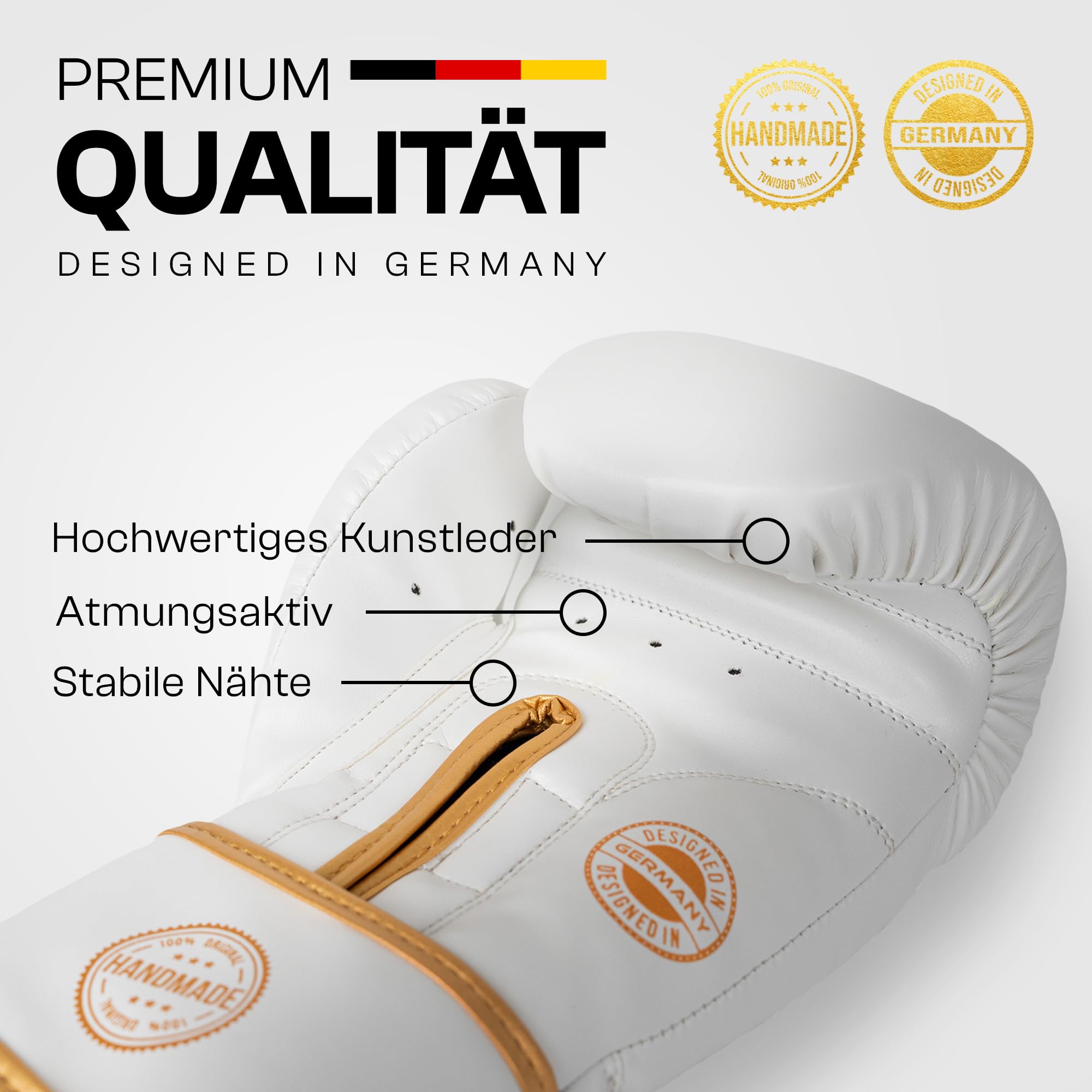 Boxhandschuhe FIGHTERO Weiss Gold mit kostenlosen Bandagen und Tasche – Profi Boxhandschuh Set für Training, Kickboxen, Muay Thai & MMA – atmungsaktiv, ergonomisch & robust – 8 oz - 16 oz