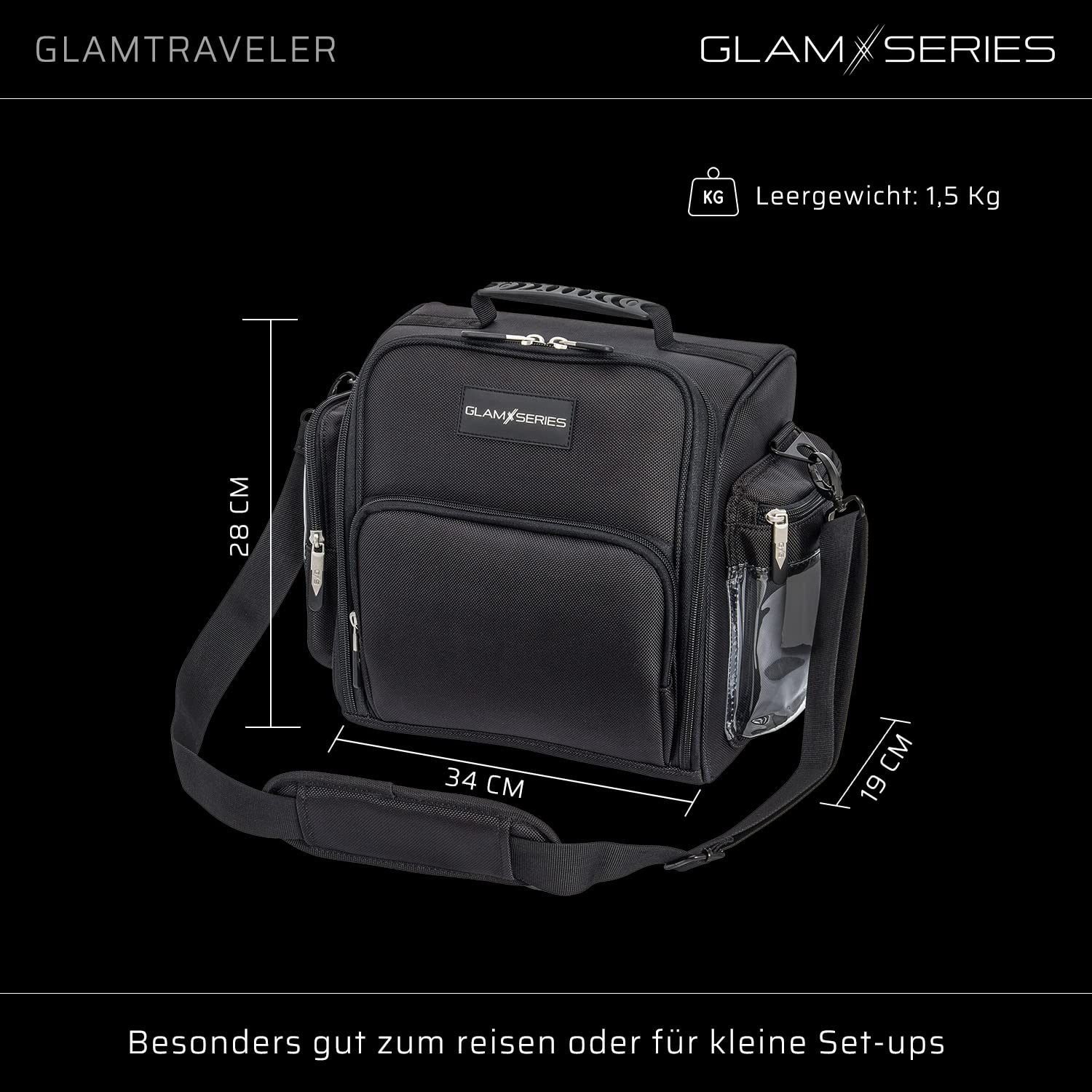 GlamTraveler Borsa porta trucchi con 3 astucci, trousse con fibbia per fissaggio a valigie, pochette da lavoro ideale per truccatori e parrucchieri
