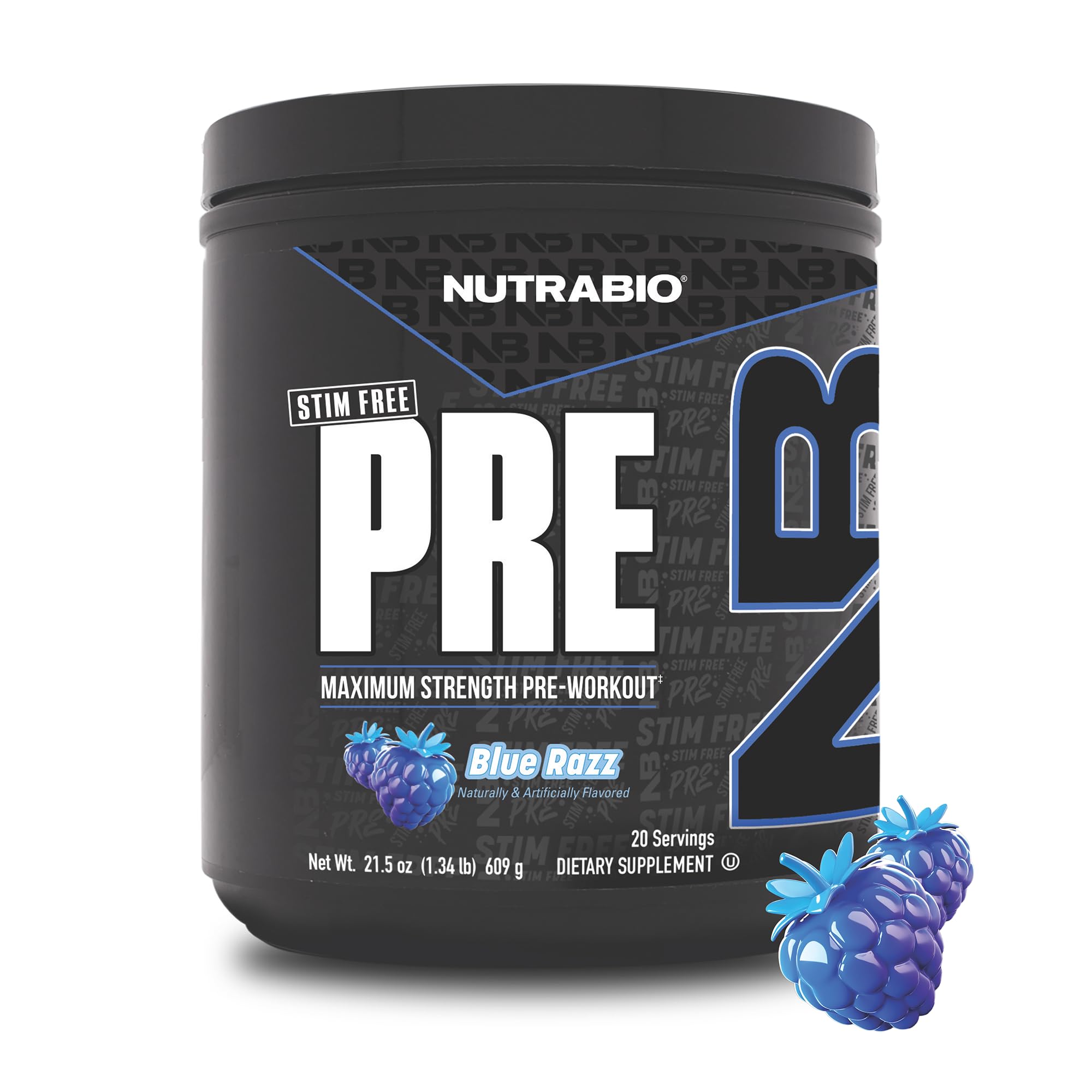 NutraBio STIM-Free PRE Workout for Men, NEW Non Stim Preworkout | Laser Focus, Extreme Pumps | Performance, Endurance | 10g Citrulline, Beta Alanine, Nitrates, Electrolytes - 20 Servings Blue Razz Blue Raspberry