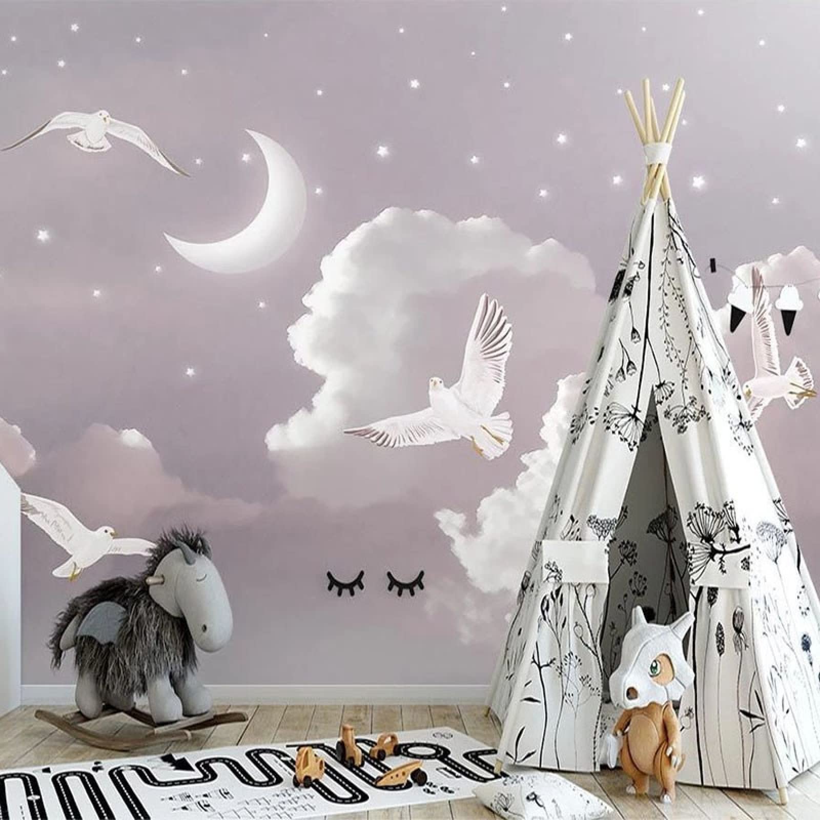 Luna, Cielo, Nuvole, 240 x 150 cm, Adesivi murali, Adesivi murali per cameretta dei Bambini, Adesivi murali Rimovibili, Adesivi murali in Vinile, Decorazioni per la casa Fai da Te, Soggiorno