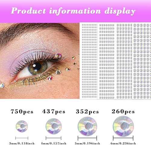 Miniatura 2 de 1799 calcomanías autoadhesivas para el rostro, diamantes de imitación para el cabello, joyas brillantes para maquillaje, manualidades, decoración