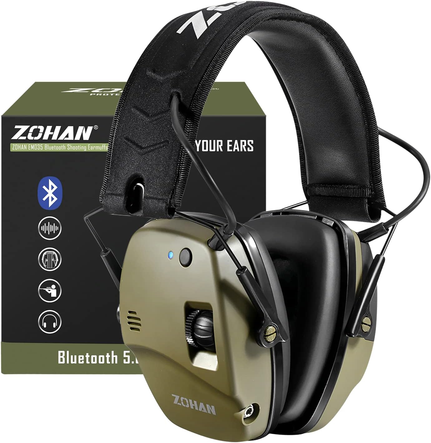 - ZOHAN 035 Bluetooth 5.4 Shooting Ear Protection Earmuff, Active Noise Canceling, Hearing Protection with Sound Amplification (Green Bluetooth)