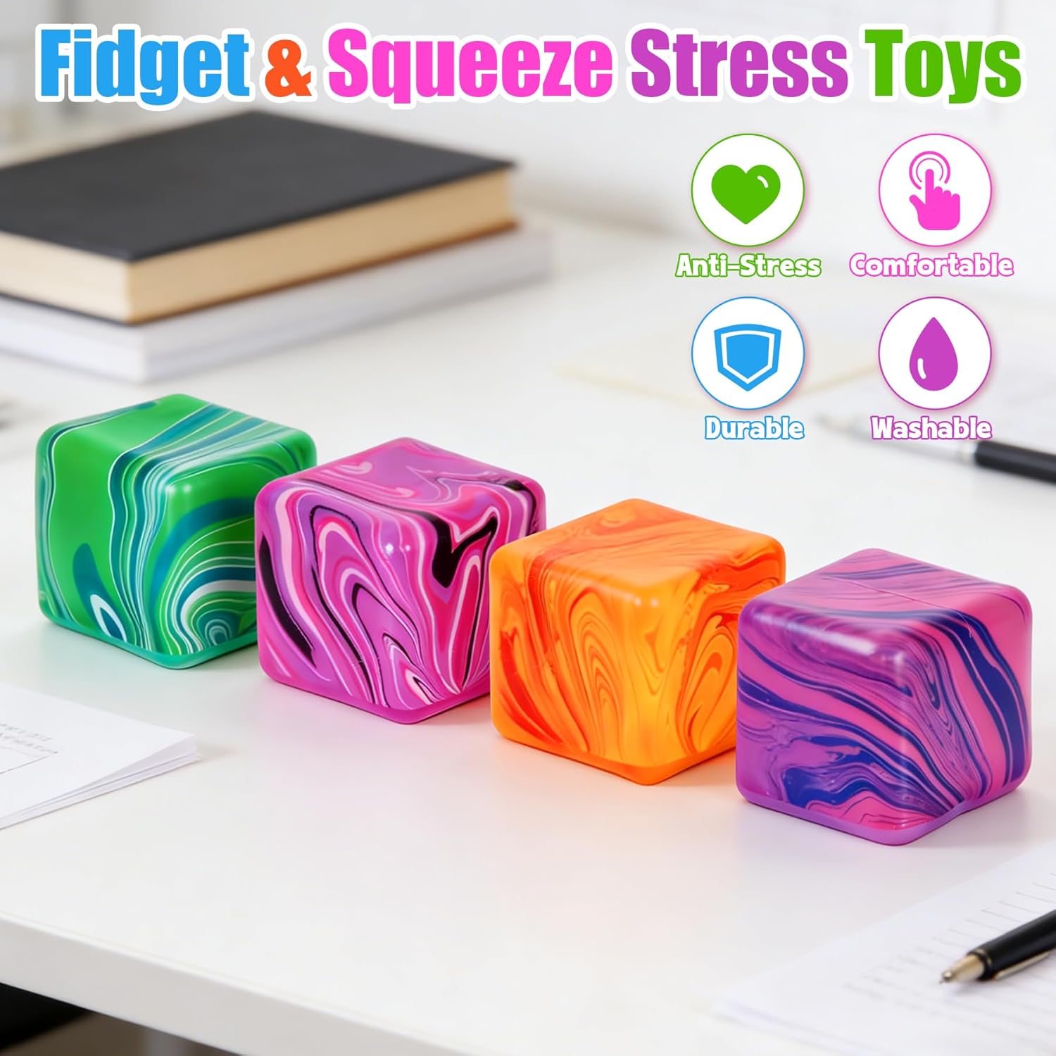 4 Pcs Stress Cube Squishies Fidget Toys, Ice Cube Shape Squeeze Toys, Slow Rise Stress Balls Sensory Toy For Kids Adults With Autism & Stress Relief Classroom Prize & Easter Basket Stuffers