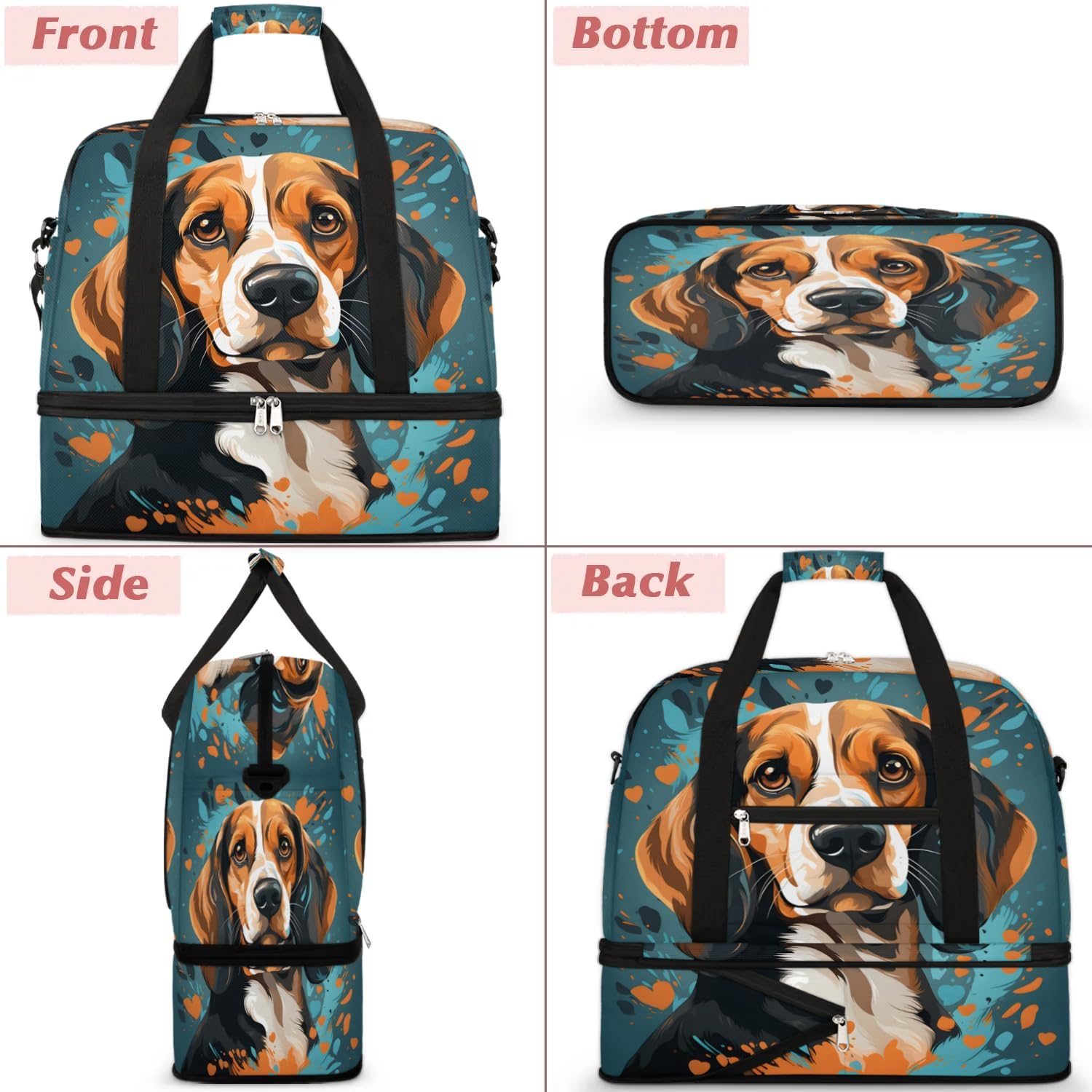 Sports Duffel Bag, Foldable Puppy Dog Travel Duffel Bags, Gym Yoga Beach Bag Weekender Overnight Bag with Shoes Compartment for Men, Dog Print
