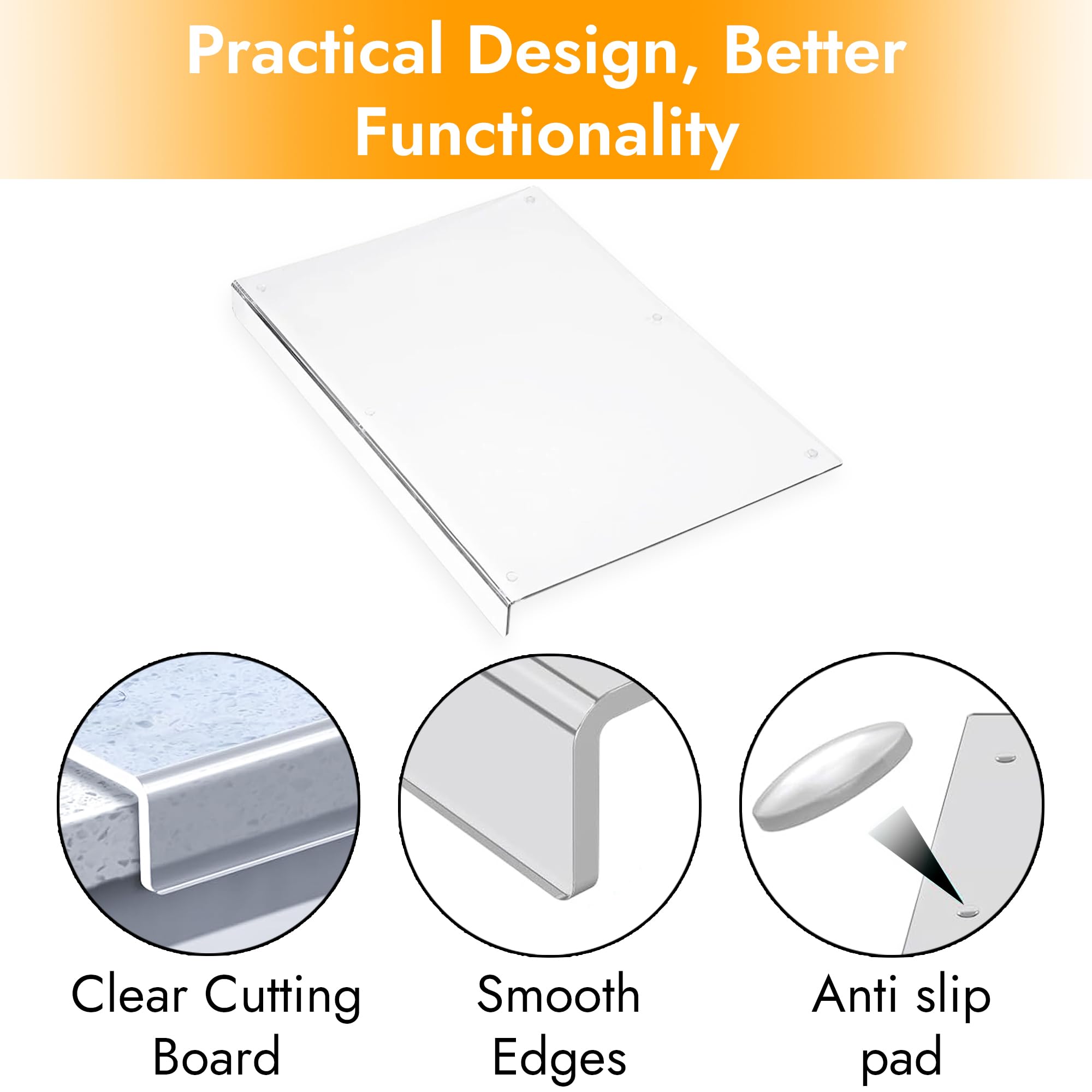 Clear Acrylic Cutting Board With Counter Lip - 16x12 Inch Textured, Scratch Resistant, Non-Slip Kitchen Board
