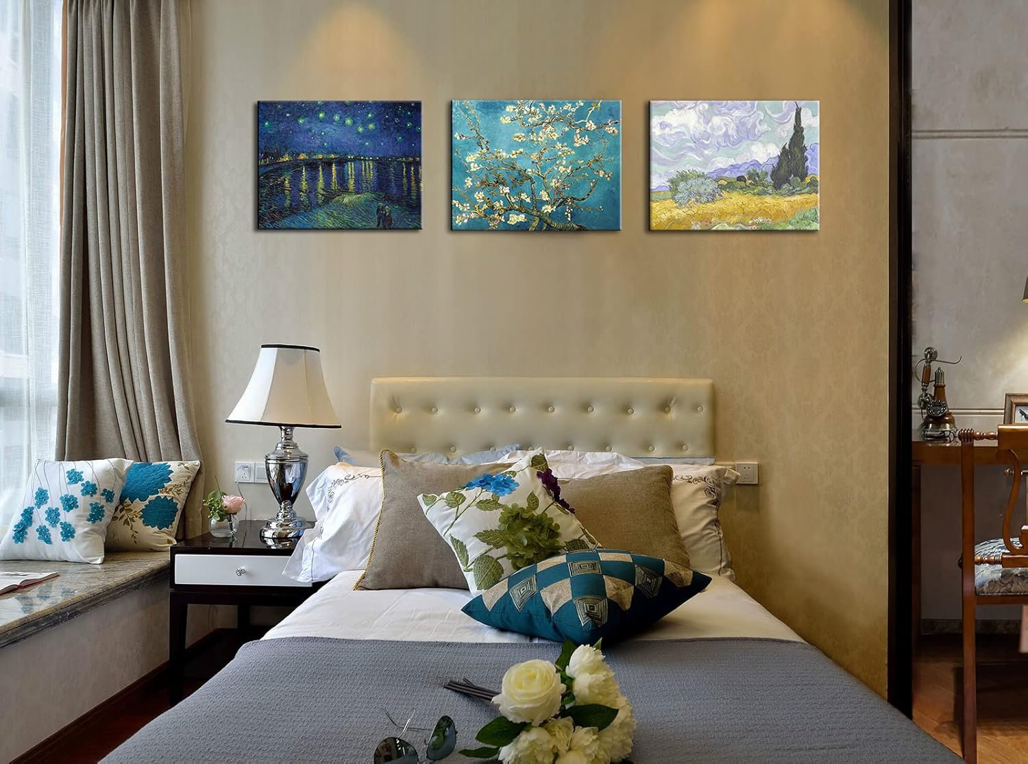 Vincent Van Gogh Canvas Wall Art - Starry Night | Almond Blossom | Wheat Field with Cypresses Paintings, Classic Artwork Picture Poster Prints for Home Decor 12"x16"x 3Pcs