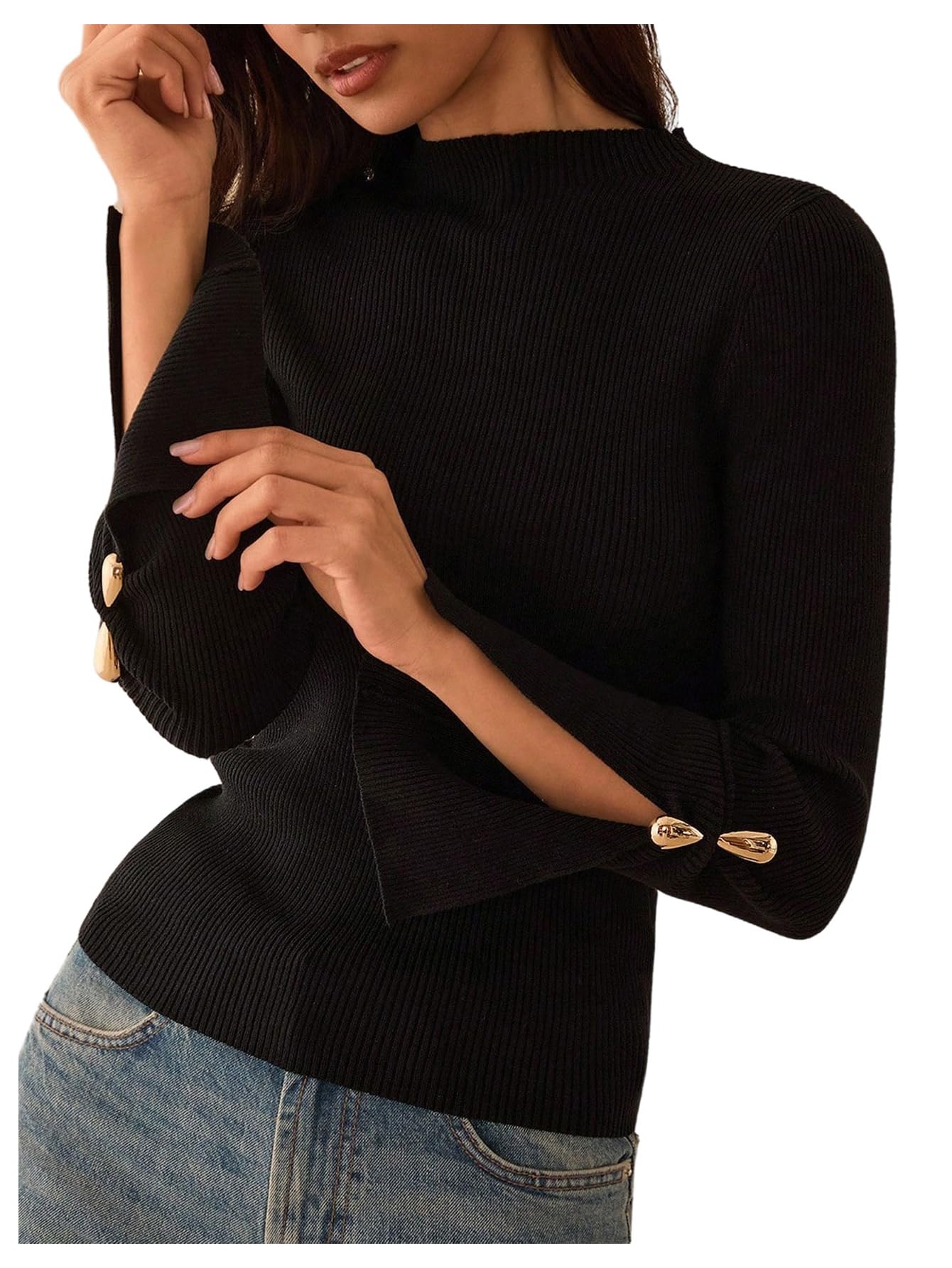 Verdusa Womens Metal Slit Long Sleeve Cozy Sweaters Slim Fit Knit Tops Fall Pullovers Elegant Formal Outfits