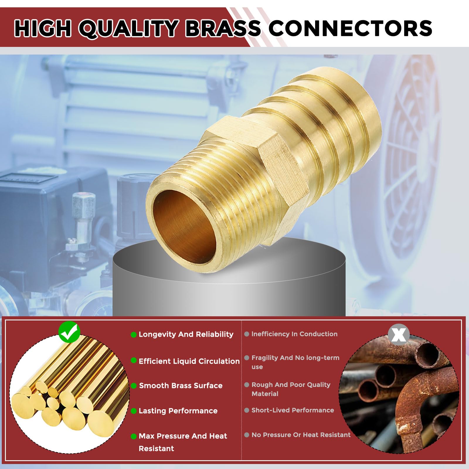 Confezione da 8 raccordi in ottone per tubi flessibili da 2,5 cm a 1/2" NPT maschio, raccordi per macchine domestiche, vasche da bagno massaggi e sistemi di irrigazione
