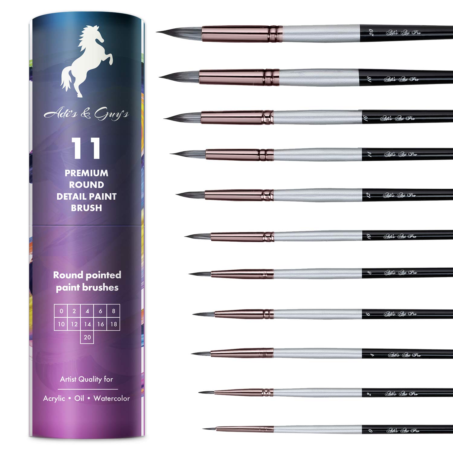 Round Watercolor Brushes Variety Set of 11 Water Color Brushes - Artist Quality for Watercolor Paints, Acrylic, Inks, Gouache, Oil and Tempera by Adi's&Guy's