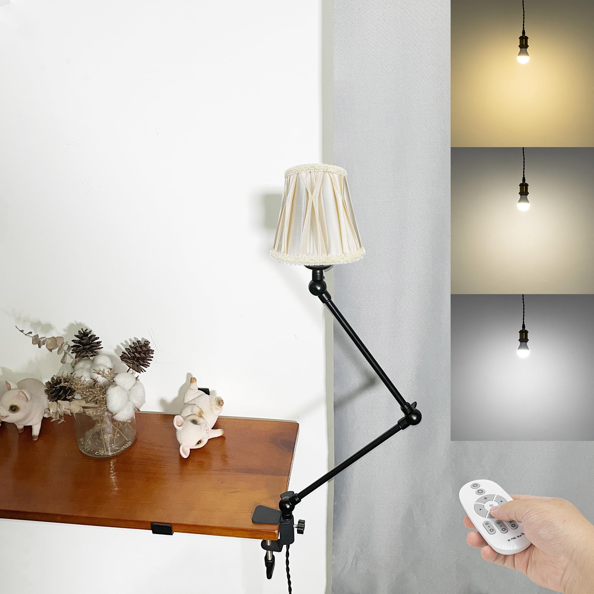 Klemmleuchte mit Fernsteuerung,1 Packung Leselampe mit 2,5 m Kabel, Dimmbar Nachttischlampe,Augenpflege Schreibtischlampe für Büro Heimgebrauch, E27 Lampenhalterung - DZ0330/9