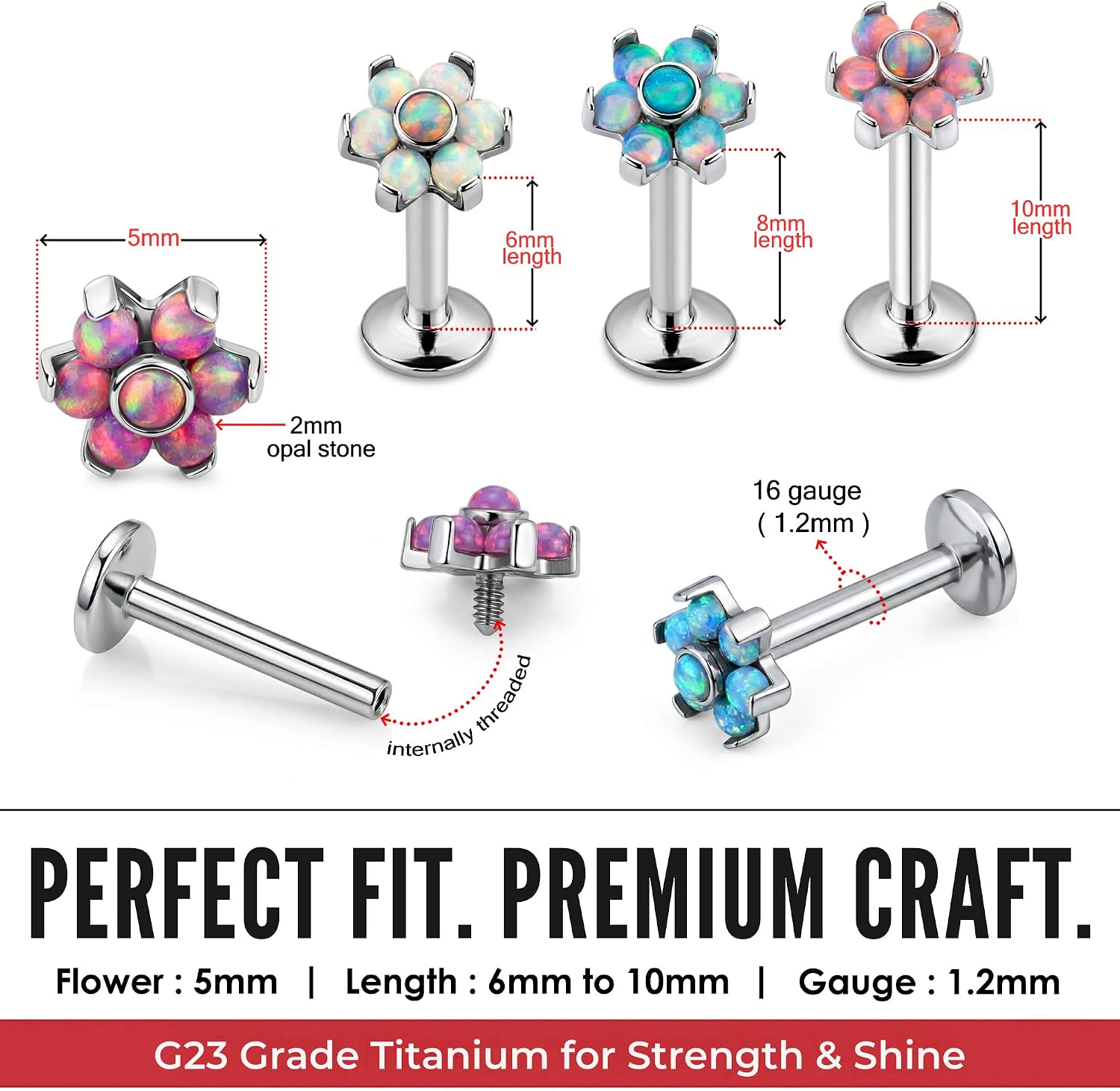 Seven Rainbow, Pink, Blue, Purple, Light Green Opal Stone Flower 16G - 6mm, 8mm, 10mm Length Titanium Internally Threaded Lip Labret, Tragus, Helix, Conch, Cartilage, Nose Piercing Jewelry