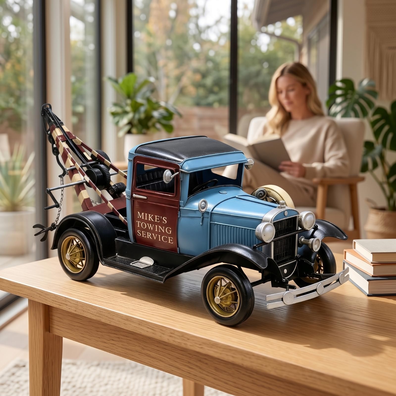 Vintage Vehicle Carro Attrezzi d'Epoca Modello Camion Traino Miniatura Auto Classica Metallo Artigianale Ferro Dettagli Striati Barra di Traino Adatto