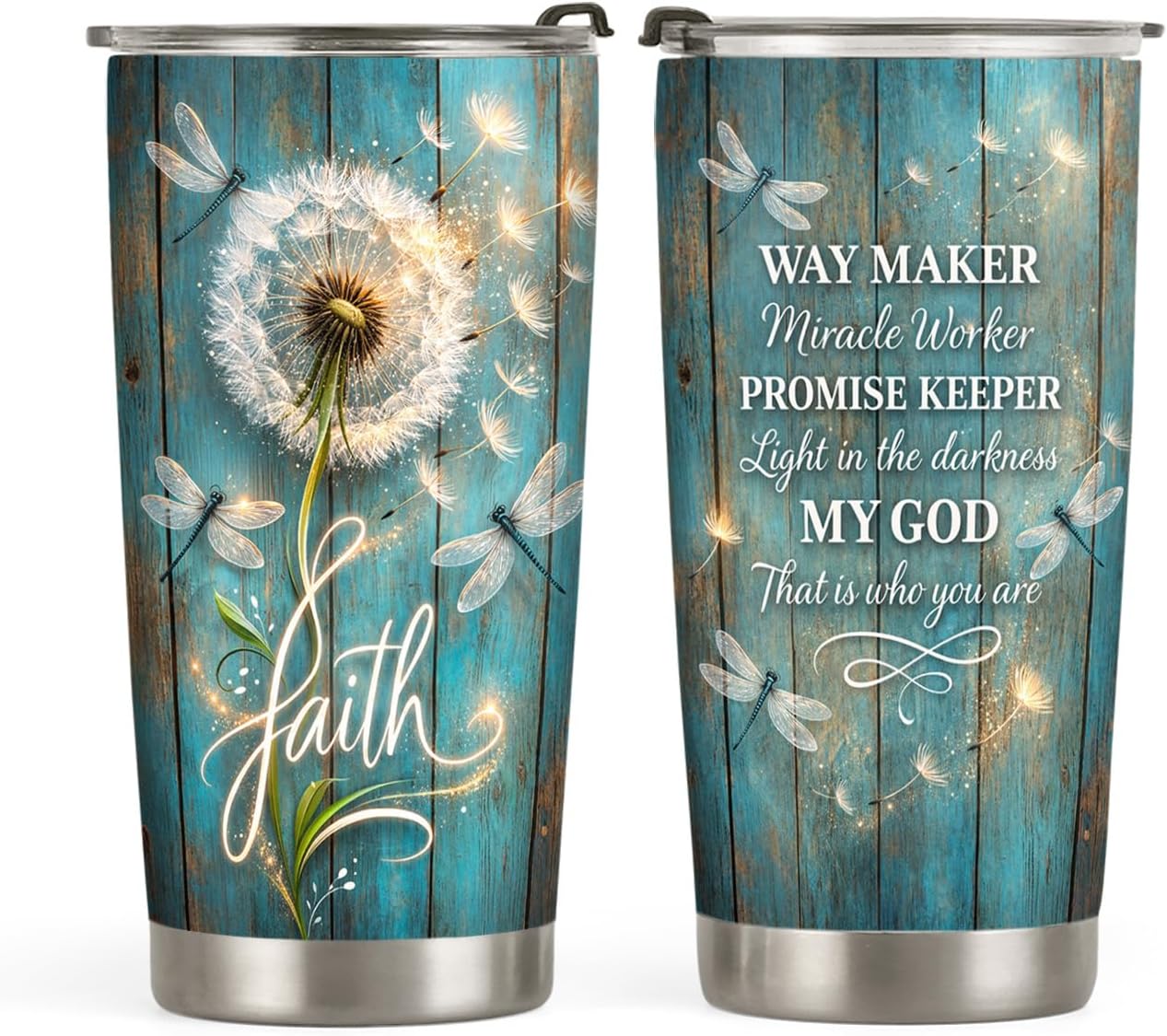 20oz Dandelion Dragonfly Faith Tumbler, Way Maker Miracle Worker Promise Keeper, Religious, Christian Gifts for Women, Stainless Steel Double Wall Vacuum Insulated Coffee Mug, Travel Cup with Lid
