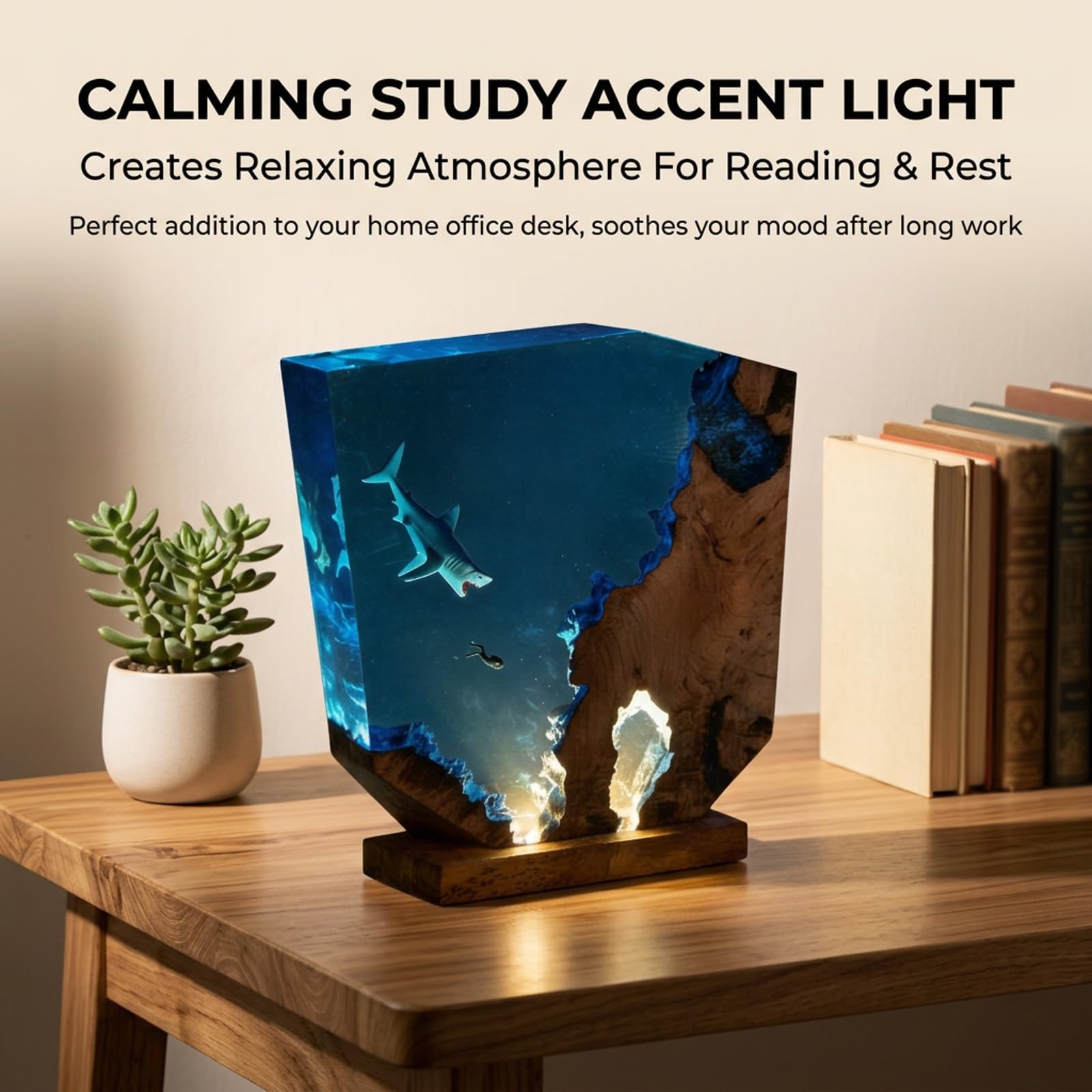 Lampada Resina Epossidica, Luce Notturna con Design Oceano 3D | Lampada LED artigianale in resina e legno per scrivania, comodino, camera e arredamento casa(15*13cm/5.9*5.1in)