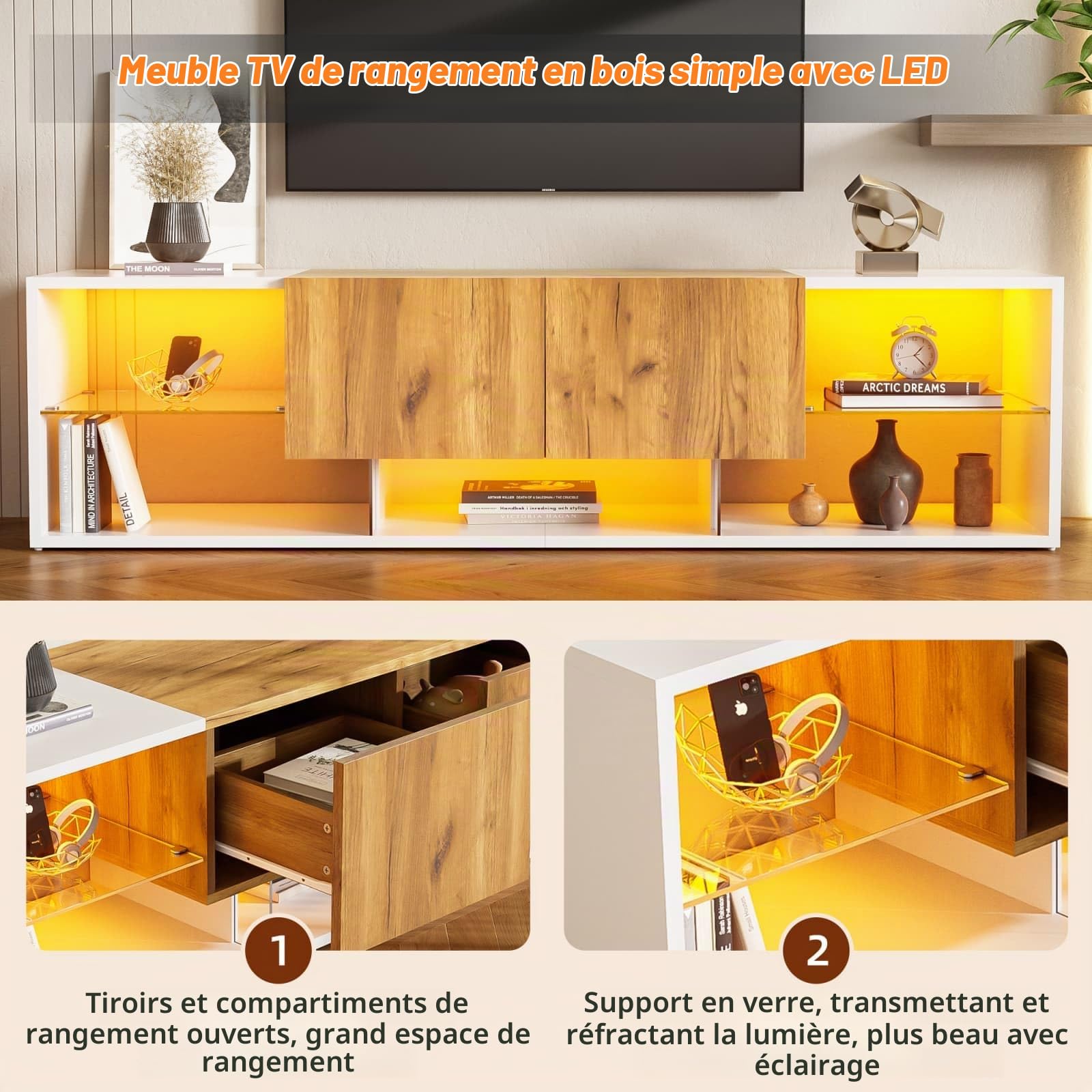 PUGSDRLY 160x40x42 cm Meuble TV Moderne, Support Télé, 2 Tiroirs, Étagère de Rangement en Verre, Adaptée aux Téléviseurs de Moins de 70", pour Salon, Chambre (Blanc Antique + Naturel)