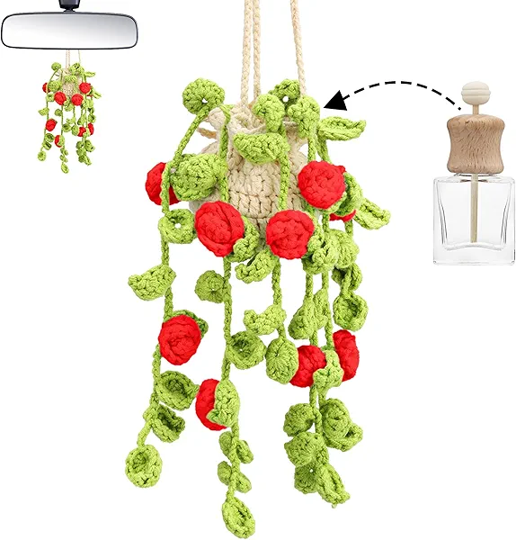 Cute Air Freshener for Car, Crochet Car Accessories Air Freshener, Cute Rear View Mirror Accessories, Handmade Crochet Plant for Cars, Red Rose