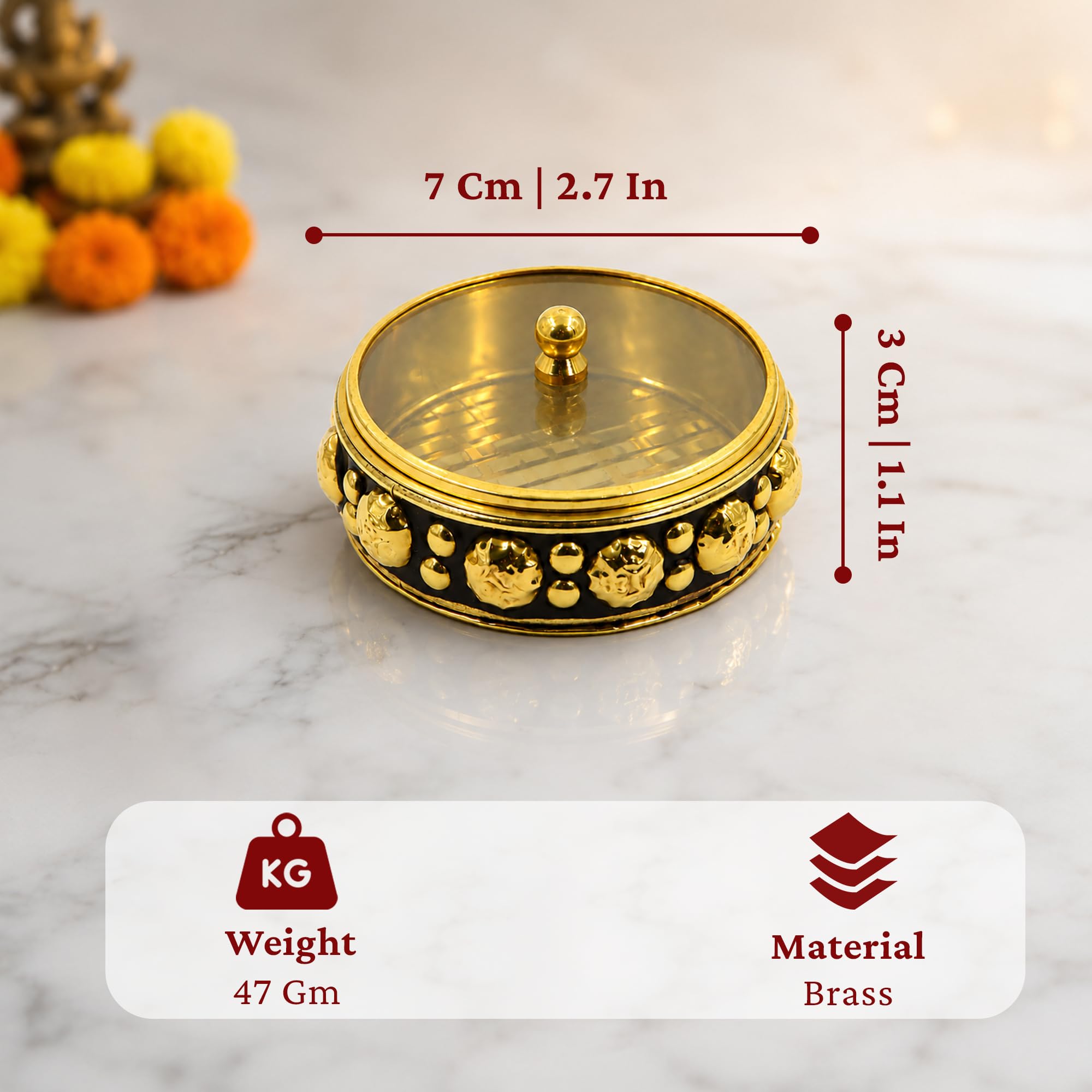 Putrika Brass Box Pooja | Puja | Roli | Chawal | Chandan | Haldi | Kumkum Puja Box | Sindoor | Turmeric | Dabbi | Dibbi | Dhani | Dani Lid Holder - Acralic Black Kumkum (1) 4