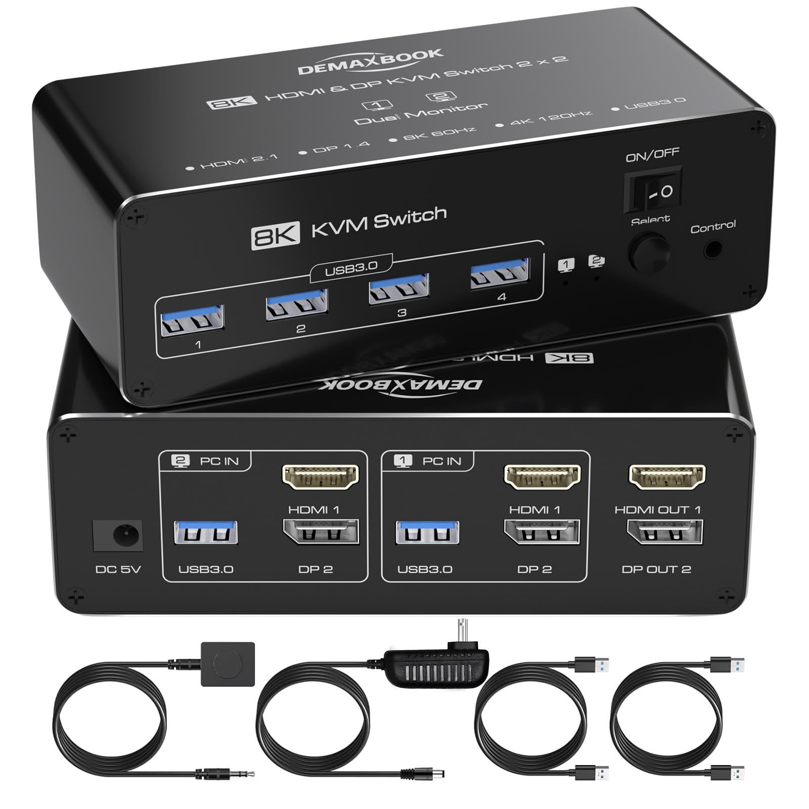 DEMEXBOOK HDMI Displayport KVM Switch 2 Monitors 2 Computers 8K@60Hz/4K@144Hz, 2 Computers Share 2 Monitors, USB 3.0 Ports, Extended/Copy Mode Support, 2 USB Cables, Remote Control Included