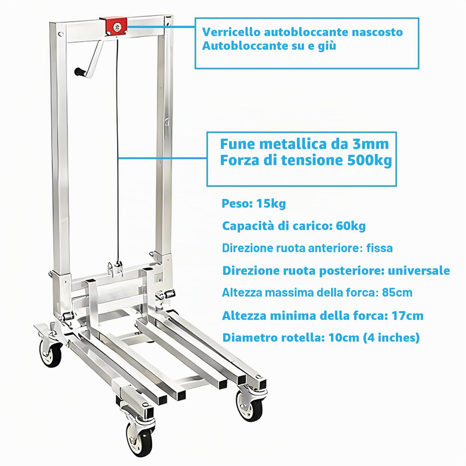 Impilatore manuale per verricello con sollevamento materiale, capacità 60 kg, altezza massima 85 cm, carrello elevatore in acciaio leggero pieghevole da 15 kg per progetti domestici, installazione di