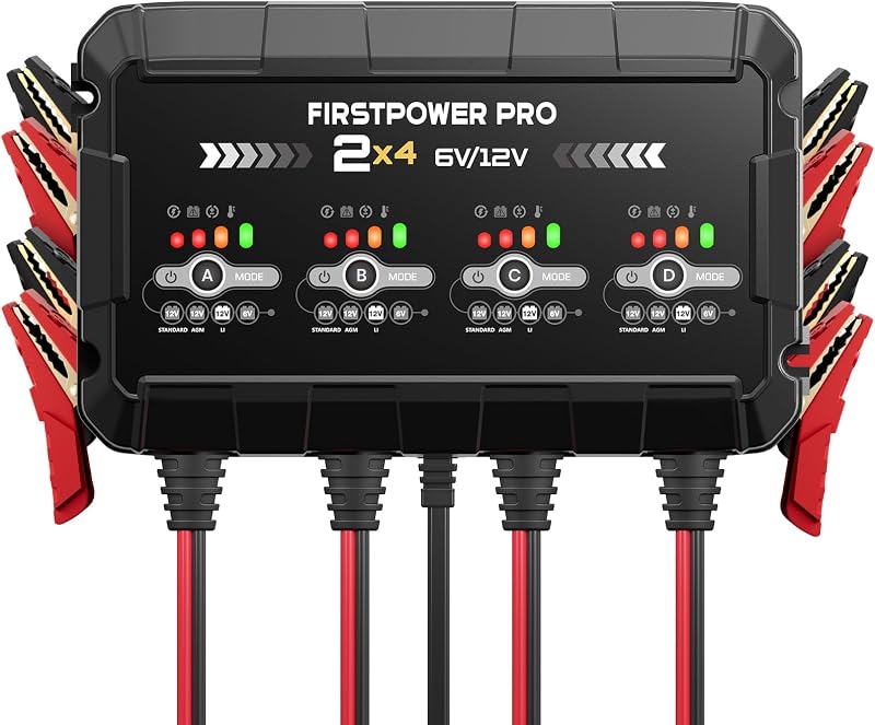 Cargador de batería de automóvil de 8 A y 4 bancos (2 A/banco) - Cargador automático de goteo de 6 V y 12 V, mantenedor y desulfatador de batería de motocicleta con sobrecarga y compensación de temperatura - para plomo ácido, AGM, gel, LiFePO4