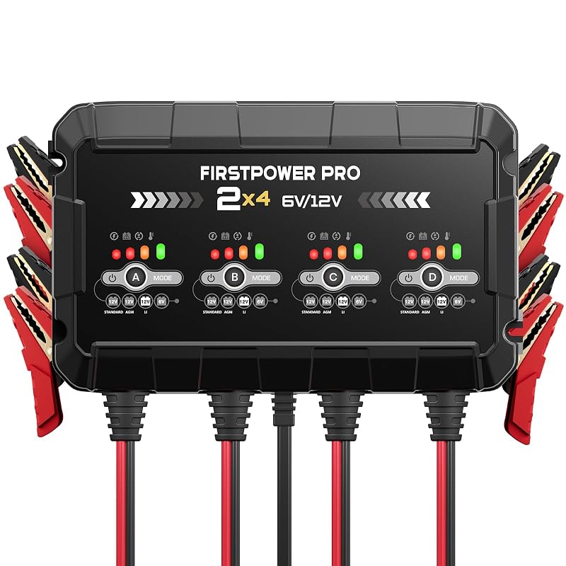 Carregador de Bateria Automotiva FirstPower Pro 8 A com 4 Bancos, 6 V e 12 V, Manutenção e Dessulfatação – Caixa com 30 unidades