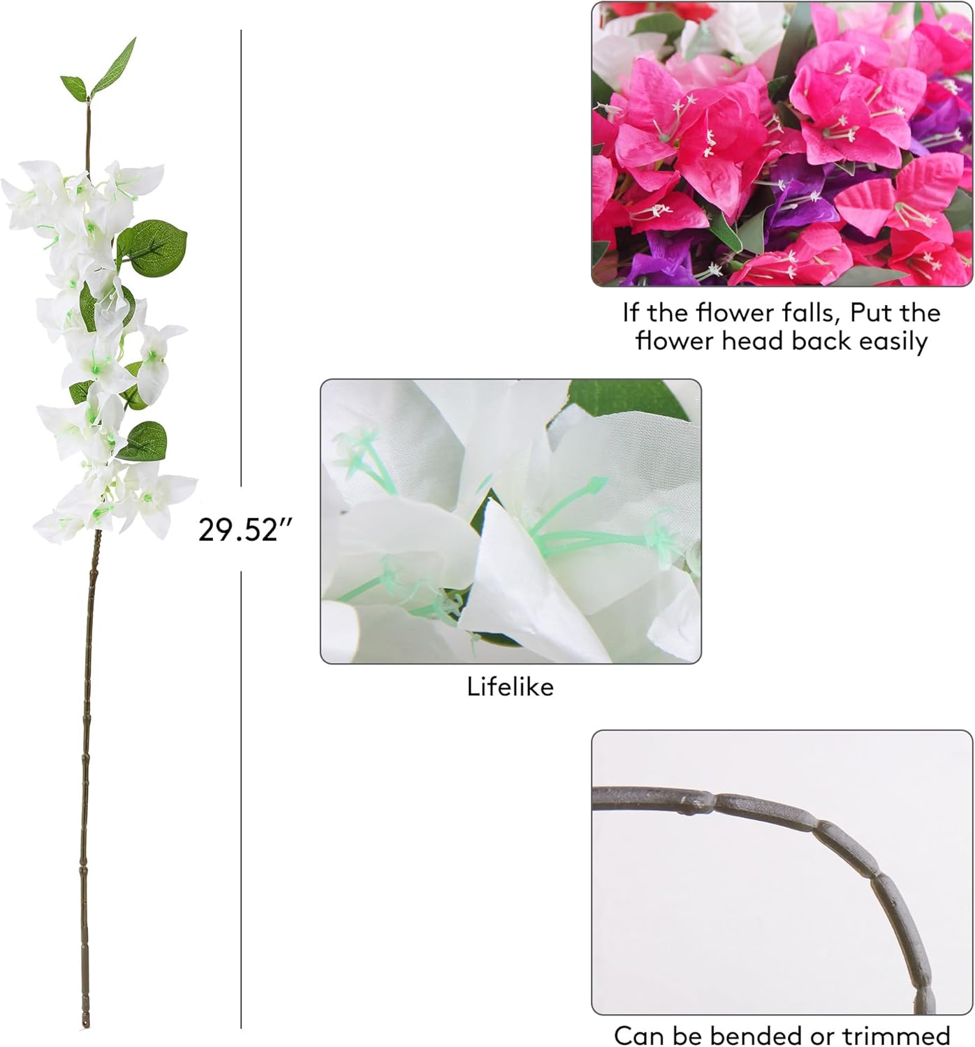 HCTCPALS Artificial Flowers for Outdoors 10 Pcs Bougainvillea Plant Realistic Silk Fake Flowers for UV Resistant Faux Plants Outdoor Indoor Outside Front Porch Hanging Planter Decoration-30” White